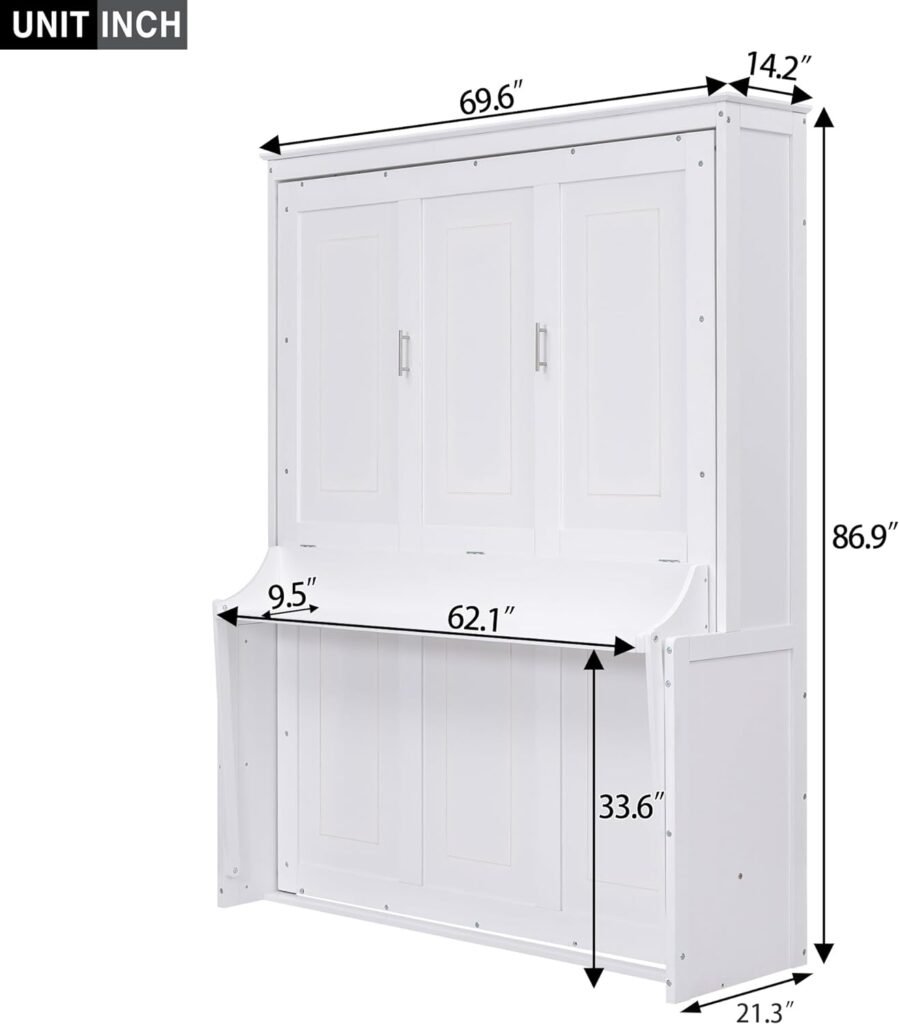 FurniFusion Queen Size Murphy Bed with Built-in Charging Station and Storage Shelf, Collapsible Platform Mobile Daybeds, Bedframe w/Wood Slat Support, Easy to Assemble, Space Saving Design, White
