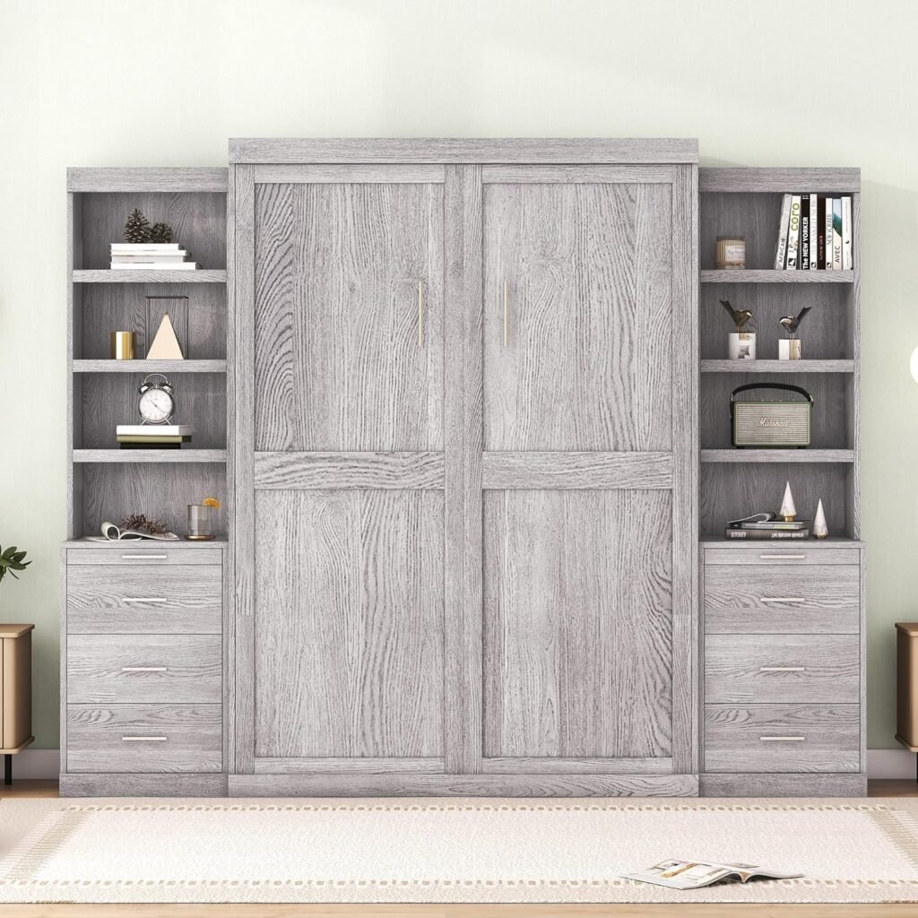 FurniFusion Queen Size Murphy Bed with Built-in Charging Station and Storage Shelf, Collapsible Platform Mobile Daybeds, Bedframe w/Wood Slat Support, Easy to Assemble, Space Saving Design, White
