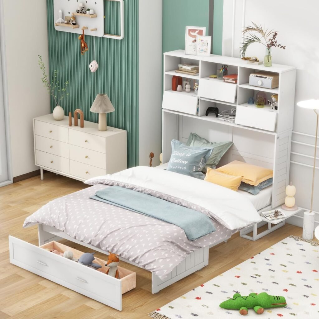 DaiNNCN Murphy Bed Cabinet Queen Size with Bookcase and Drawer Bedside Shelves Combo/Charging Station,Space-Saving Foldable Murphy Chest Cube Bed-White