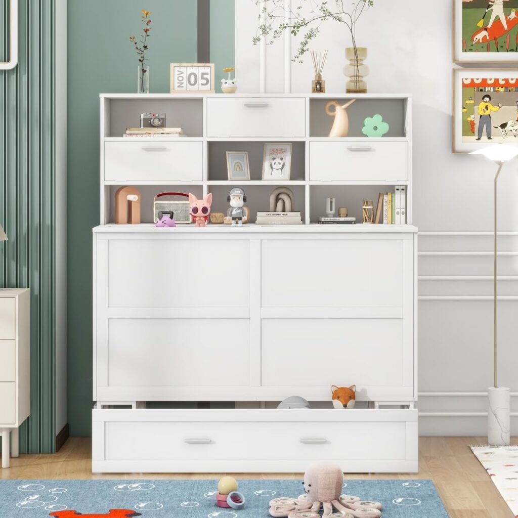DaiNNCN Murphy Bed Cabinet Queen Size with Bookcase and Drawer Bedside Shelves Combo/Charging Station,Space-Saving Foldable Murphy Chest Cube Bed-White