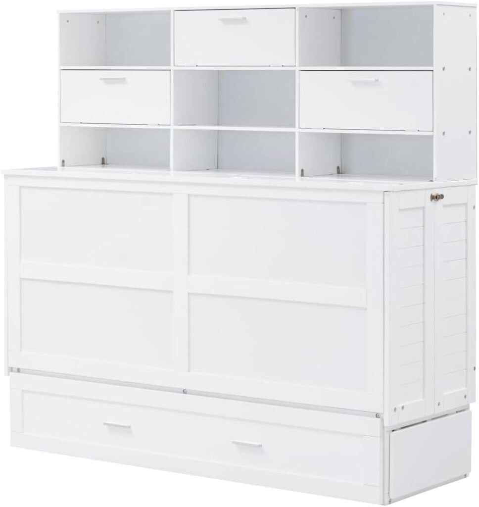DaiNNCN Murphy Bed Cabinet Queen Size with Bookcase and Drawer Bedside Shelves Combo/Charging Station,Space-Saving Foldable Murphy Chest Cube Bed-White