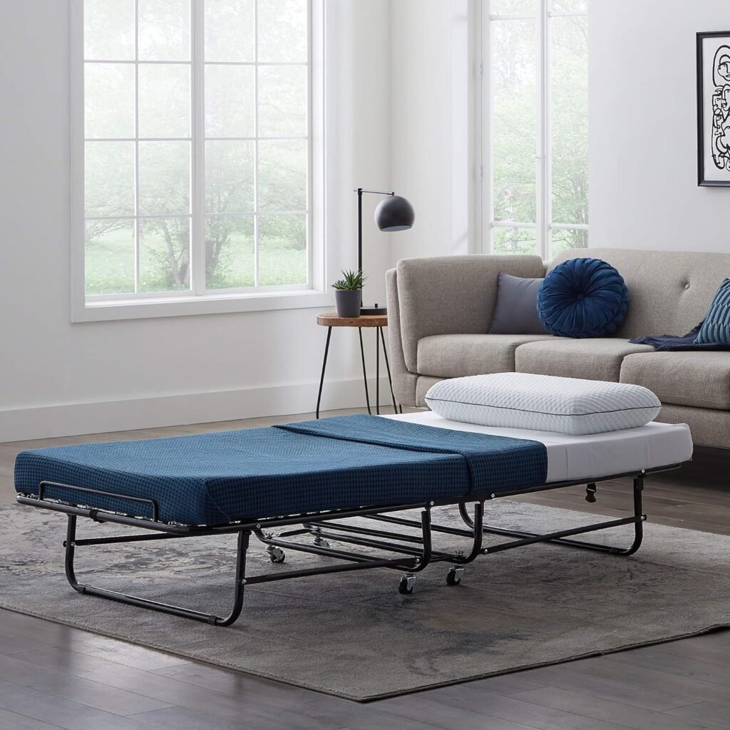 Lucid Rollaway Folding Guest Bed with 4 Inch Memory Foam Mattress- Rolling Twin XL- Easy Storage-Cot Size Bed