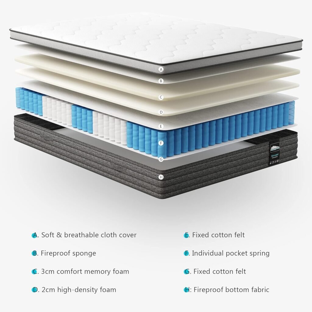 Serweet 12 Inch Memory Foam Hybrid Queen Mattress - 5-Zone Pocket Innersprings for Motion Isolation -Heavier Coils for Durable Support -Medium Firm -Fiberglass-Free - Made in Century-Old Factory