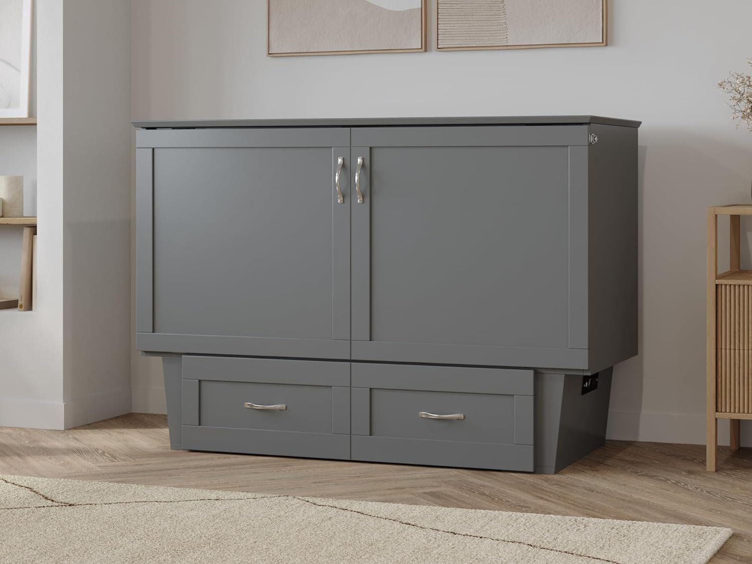AFI, Monroe Murphy Bed Chest with 6 inch Memory Foam Folding Matttress, Built-in Charging Station and Storage Drawer, Full, Grey