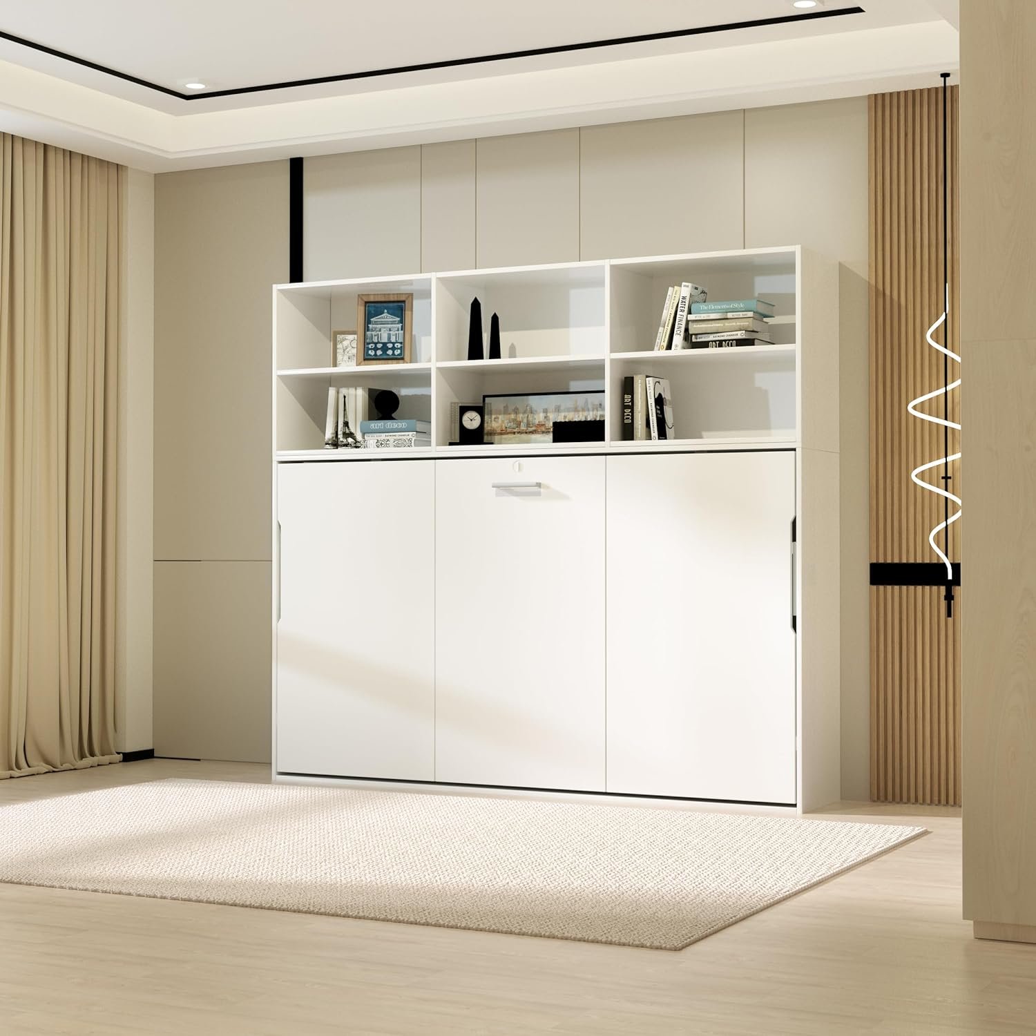 Full Size Murphy Bed with Shelf and Drawers, Mordern Design Multifunctional Foldable Platform Bedframe Gas Struts,White