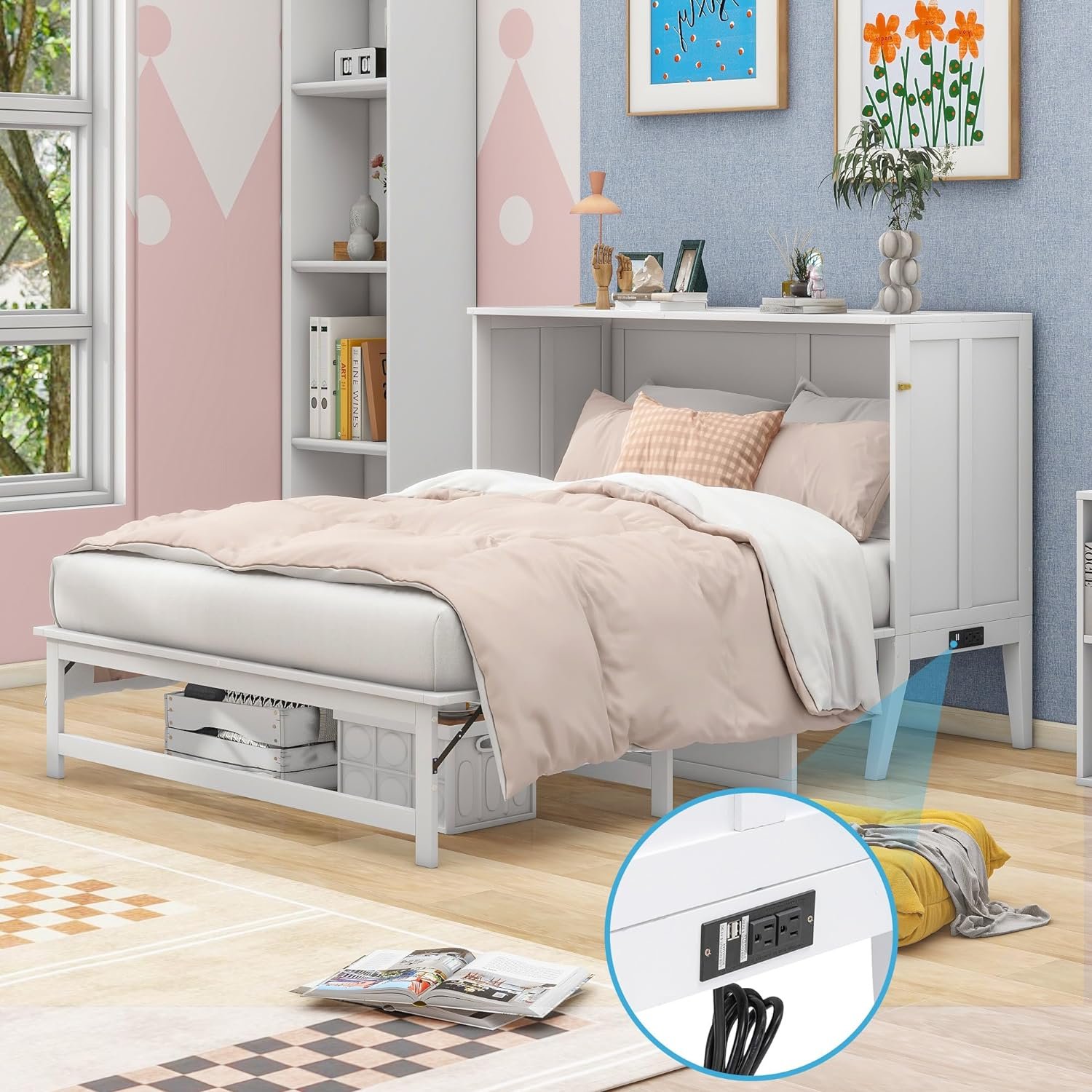Harper  Bright Designs Queen Size Murphy Bed, Queen Murphy Cabinet Bed with Built-in Charging Station and a Shelf, White