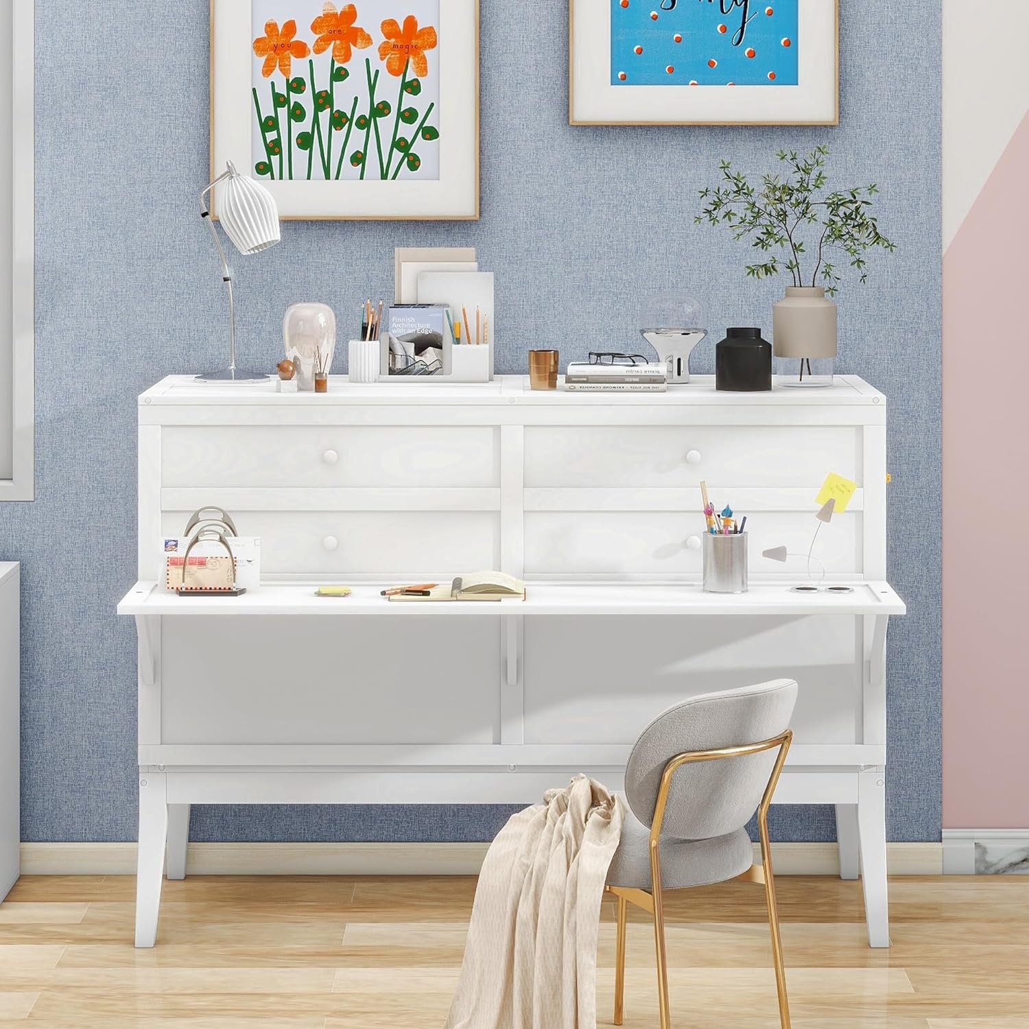 Harper  Bright Designs Queen Size Murphy Bed, Queen Murphy Cabinet Bed with Built-in Charging Station and a Shelf, White