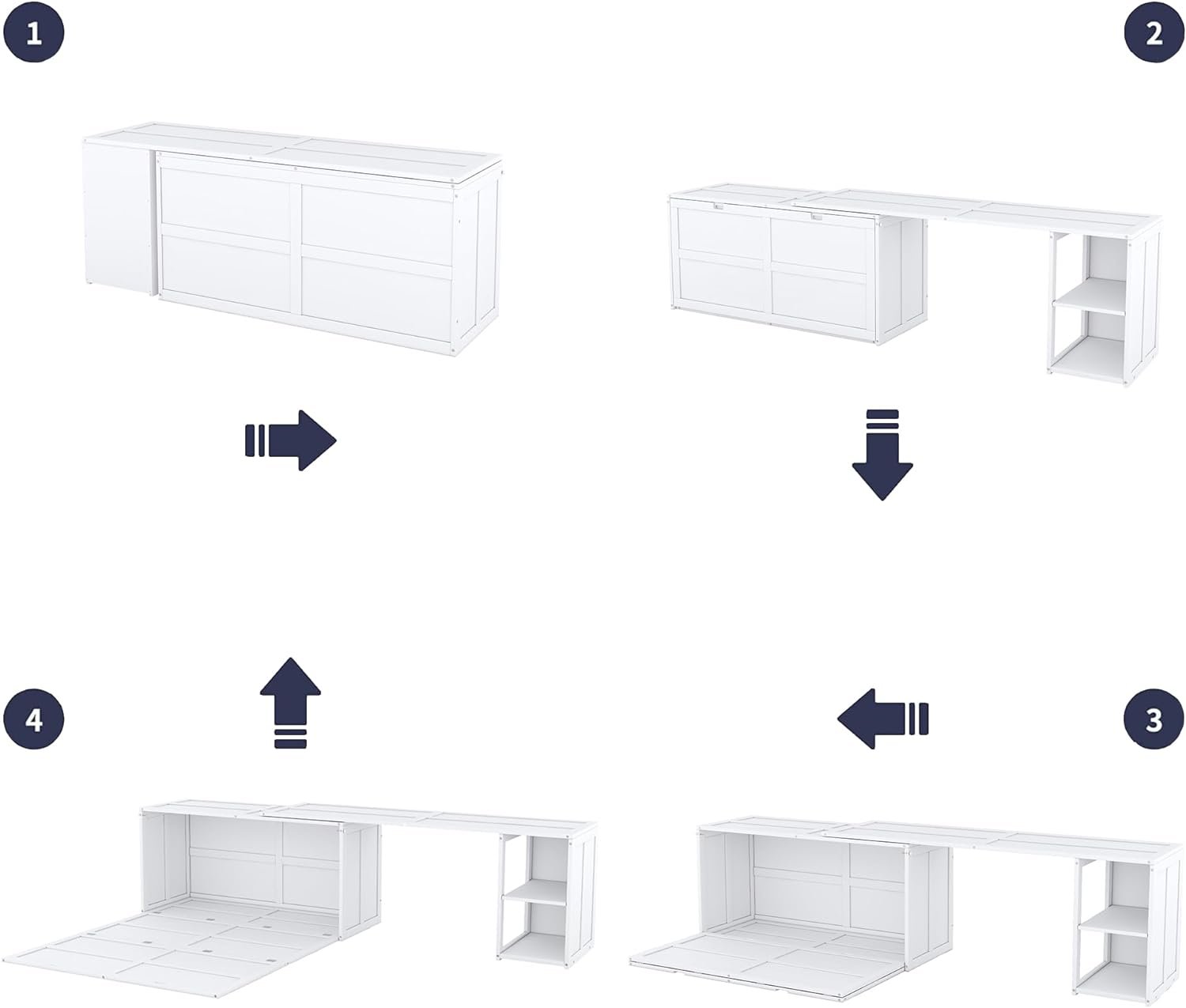 Queen Size Murphy Bed with Rotable Desk and Shelves, Wooden Versatile PlatformBed for Bedroom Guest Room, Space Saving Design, White