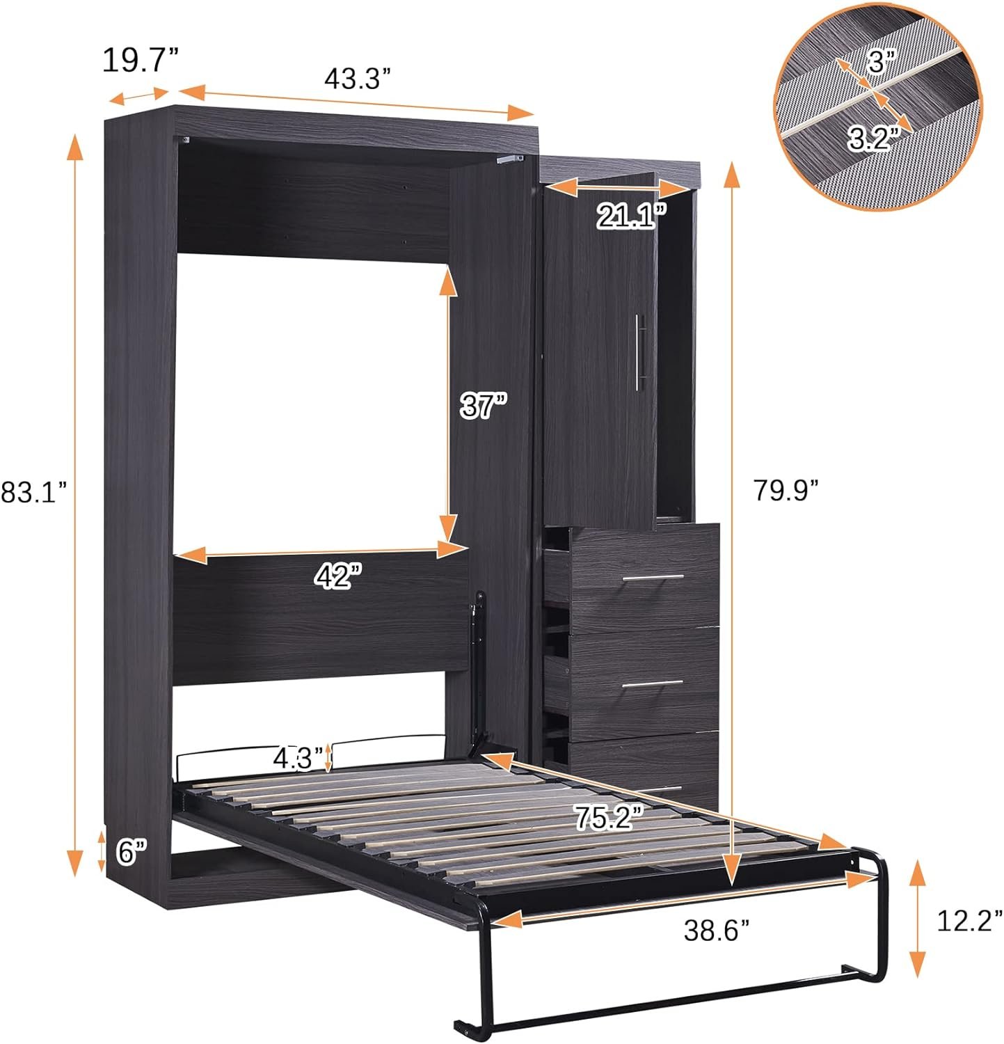 SOFTSEA Full Murphy Bed with Drawers Wall Bed Large Murphy Cabinet Wood Storage Bed, Hide a Bed on a Wardrobe Space Saving