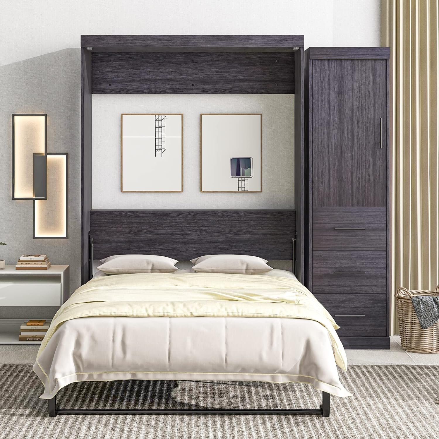 SOFTSEA Full Murphy Bed with Drawers Wall Bed Large Murphy Cabinet Wood Storage Bed, Hide a Bed on a Wardrobe Space Saving