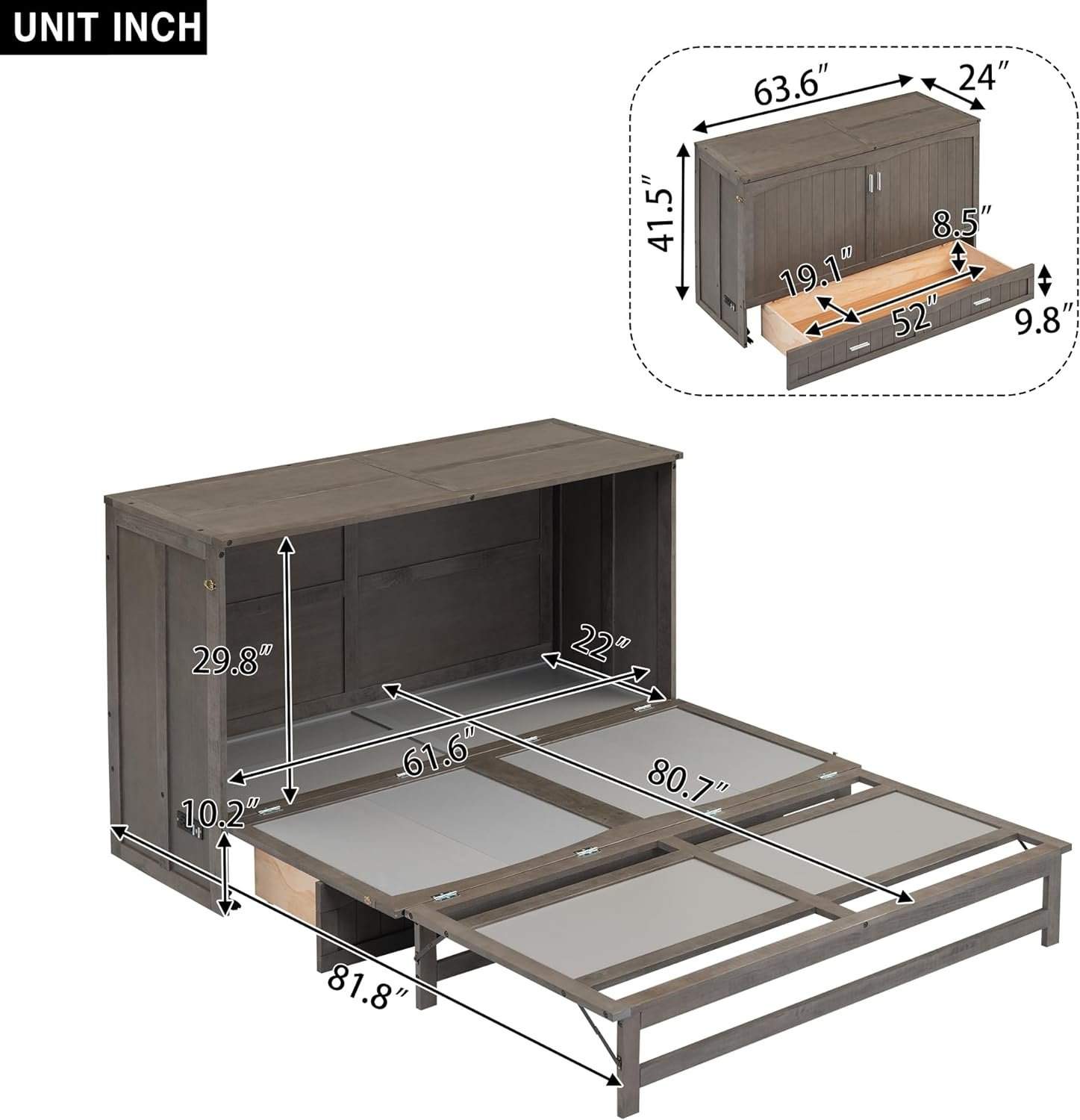 BIADNBZ Queen Size Murphy Bed Cabinet with Built-in Charging Station and Two Drawers,Versatile Foldable Bedframe with Storage for Bedroom Living Room, Space Saving, Antique Grey