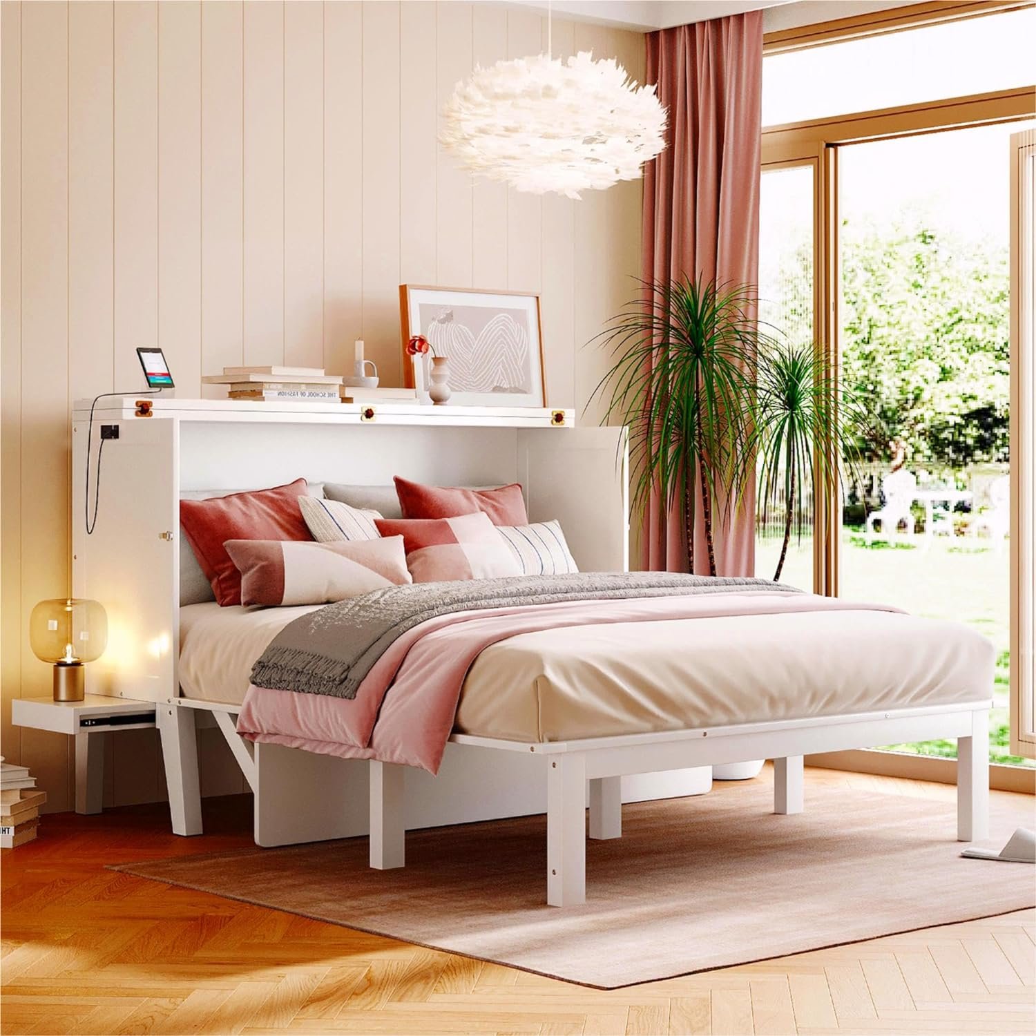 CKLMMC Queen Size Murphy Bed with USB Port and Removable Shelves on Each Side, Solid Wood Muti-Functional Cube Cabinet Bed for Home Office (White/W1)