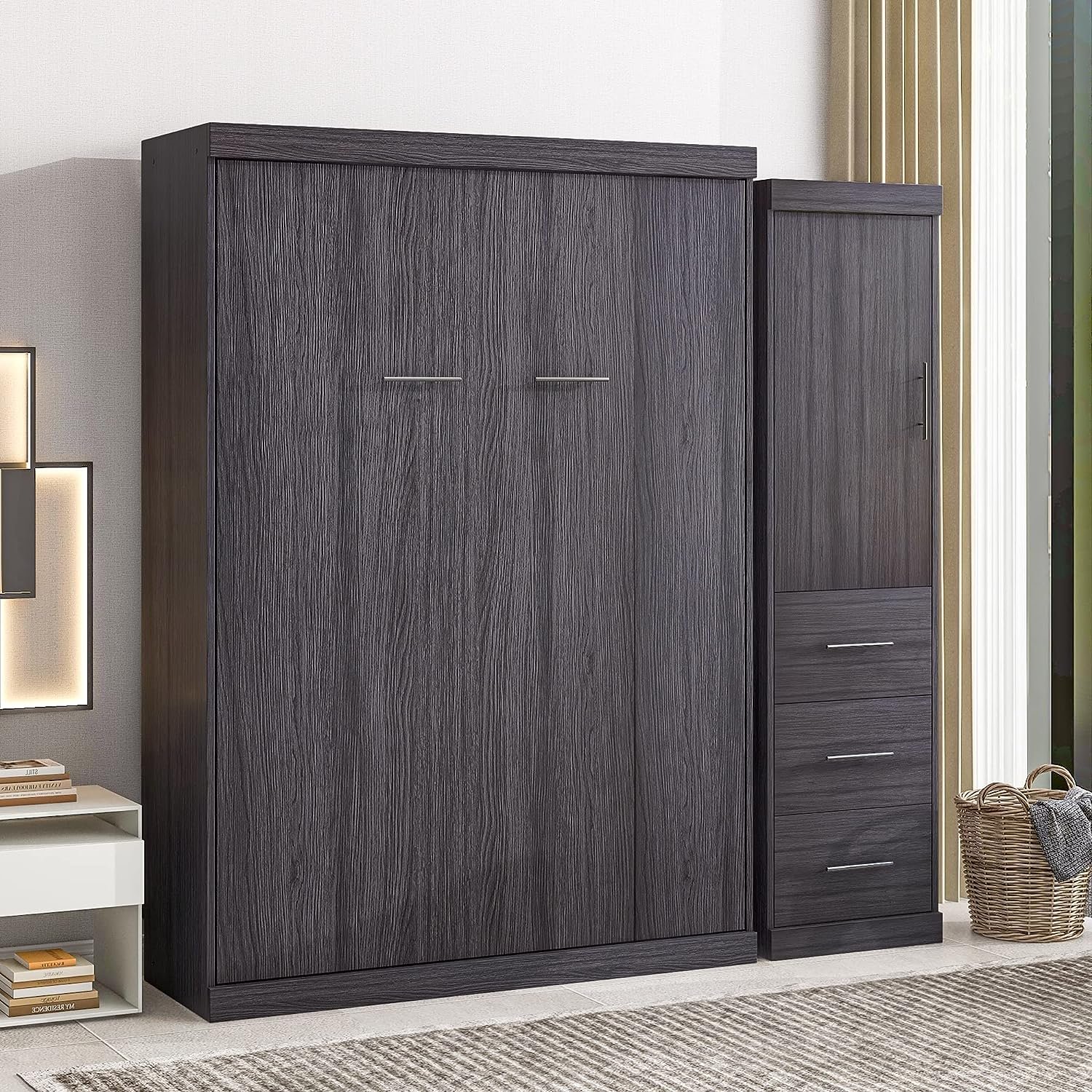 Multifunctional Full Size Murphy Bed with Storage Wardrobe and 3 Drawers, Solid Wood Wall Bed can be Folded into a Cabinet, Modern Foldable Storage Bed Frame for Multipurpose Guest Room or Home Office