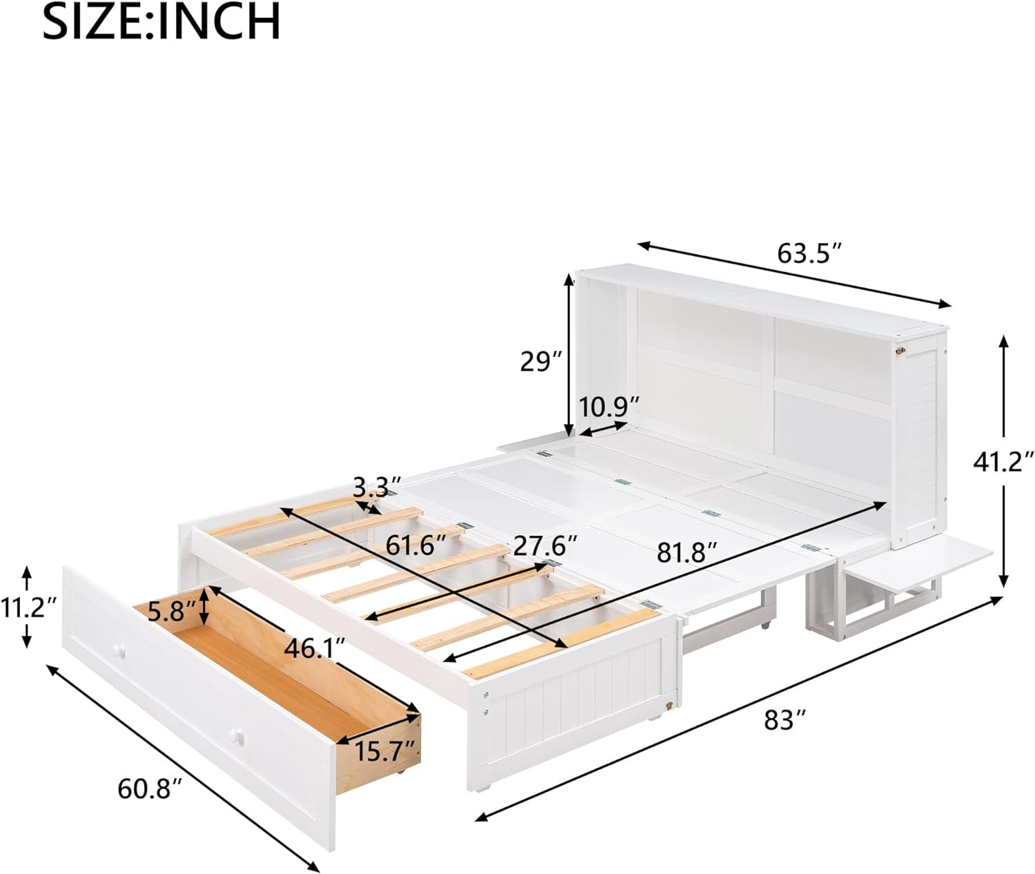 Queen Size Mobile Daybeds with Drawer and Bedside Shelves Collapsible Platform Bed, Bedframe w/Wood Slat Support, Easy to Assemble, Space Saving Design, White