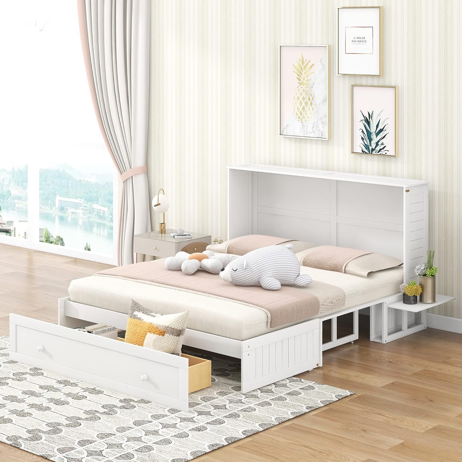 Queen Size Mobile Daybeds with Drawer and Bedside Shelves Collapsible Platform Bed, Bedframe w/Wood Slat Support, Easy to Assemble, Space Saving Design, White
