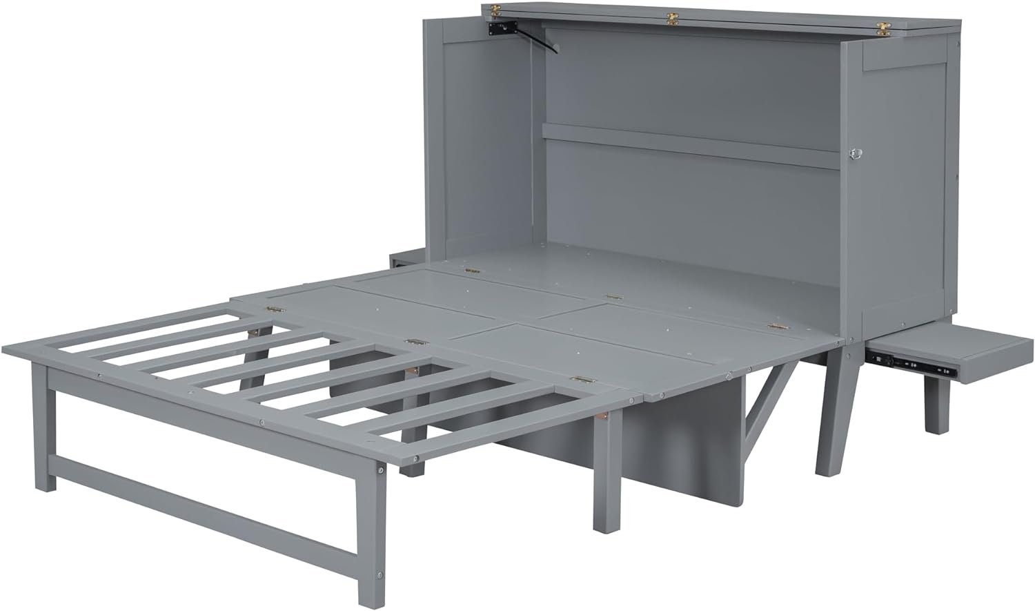 Queen Size Murphy Bed with USB Port and Desk, Full Platform Bed with Removable Shelves on Each Side, Wood Frame, for Guest Room Home Office(Grey)