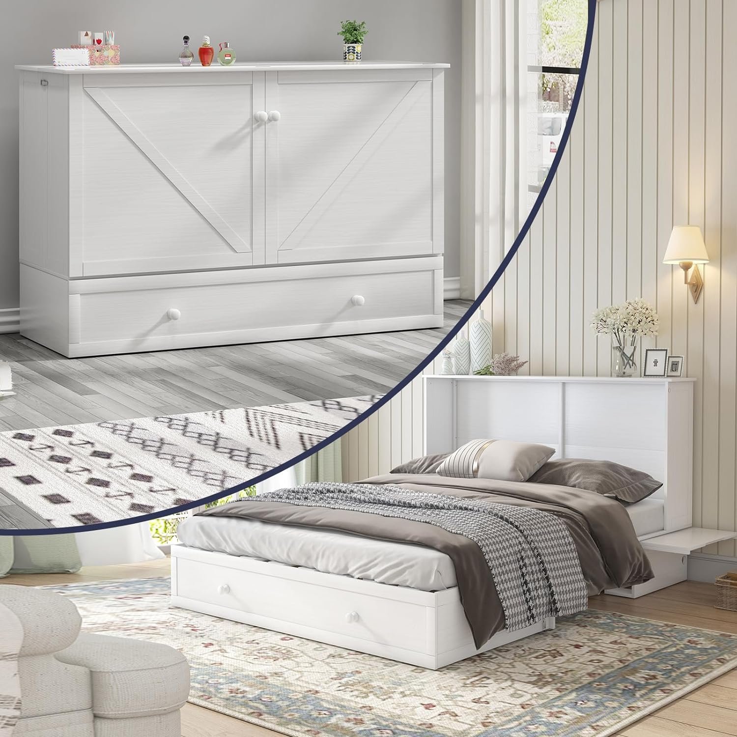 Cube Murphy Bed Queen, Murphy Cabinet Chest Bed with Charging Station  3 Level Foldable Memory Foam Mattress   Large Drawer for Guests Room (Poplar Grey)