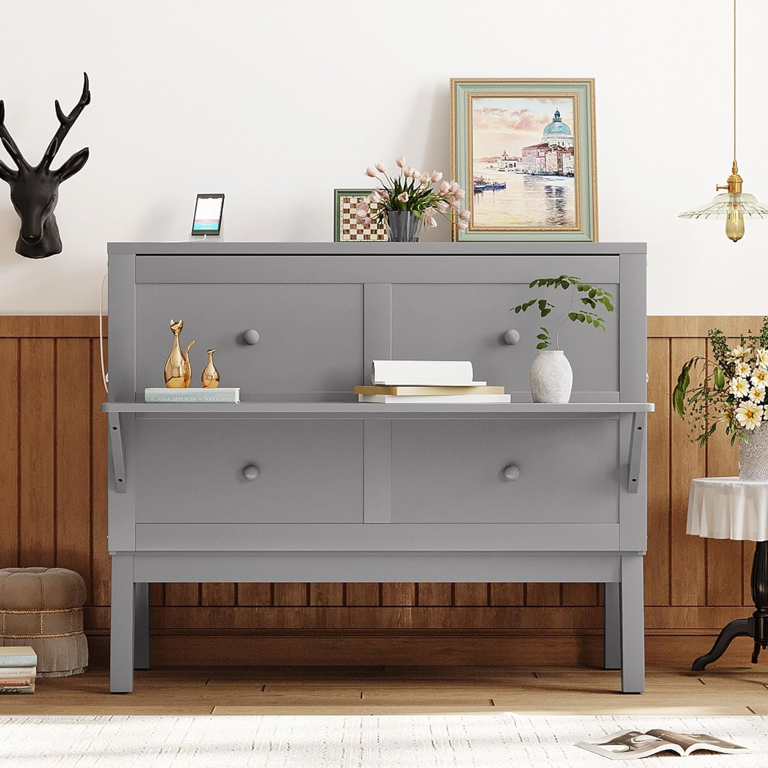 DEINPPA Murphy Bed Chest Full Size, Murphy Cube Cabinet Bed with Charging Station and Adjustable Shelves On Both Sides, for Small Spaces, Guest Room Lounge or Office, Apartment-Grey