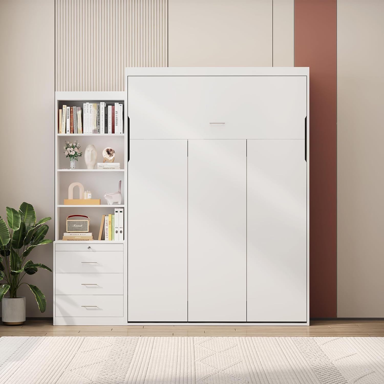 Full Size Murphy Bed with Shelf and Drawers for Guestroom, Vertical Wall Murphy Bed Space Saving Hidden Bed Gas Struts for Bedroom Living Room (White)