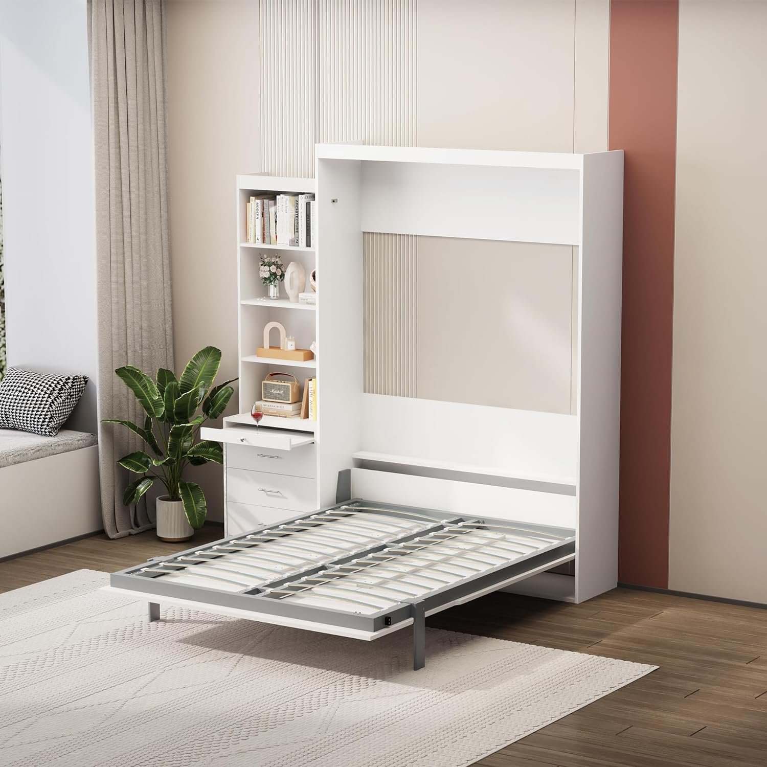 Full Size Murphy Bed with Shelf and Drawers for Guestroom, Vertical Wall Murphy Bed Space Saving Hidden Bed Gas Struts for Bedroom Living Room (White)
