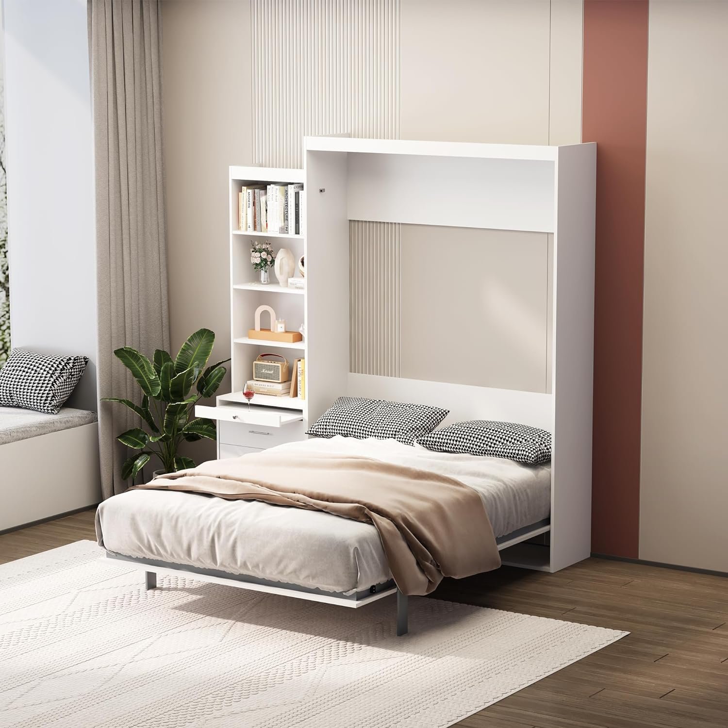 Full Size Murphy Bed with Shelf and Drawers for Guestroom, Vertical Wall Murphy Bed Space Saving Hidden Bed Gas Struts for Bedroom Living Room (White)