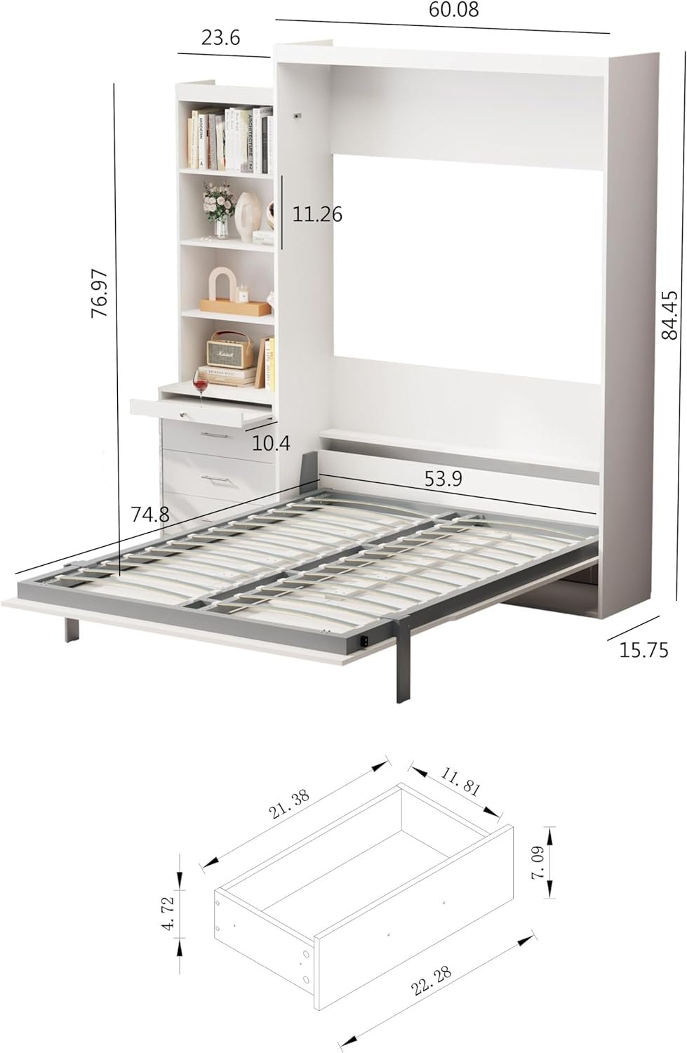 Morden Deisgn Full Size Vertical Murphy Bed Wall Bed with Shelf and Drawers for Kids Adults Bedroom,Space Saving Hidden Bed Gas Struts