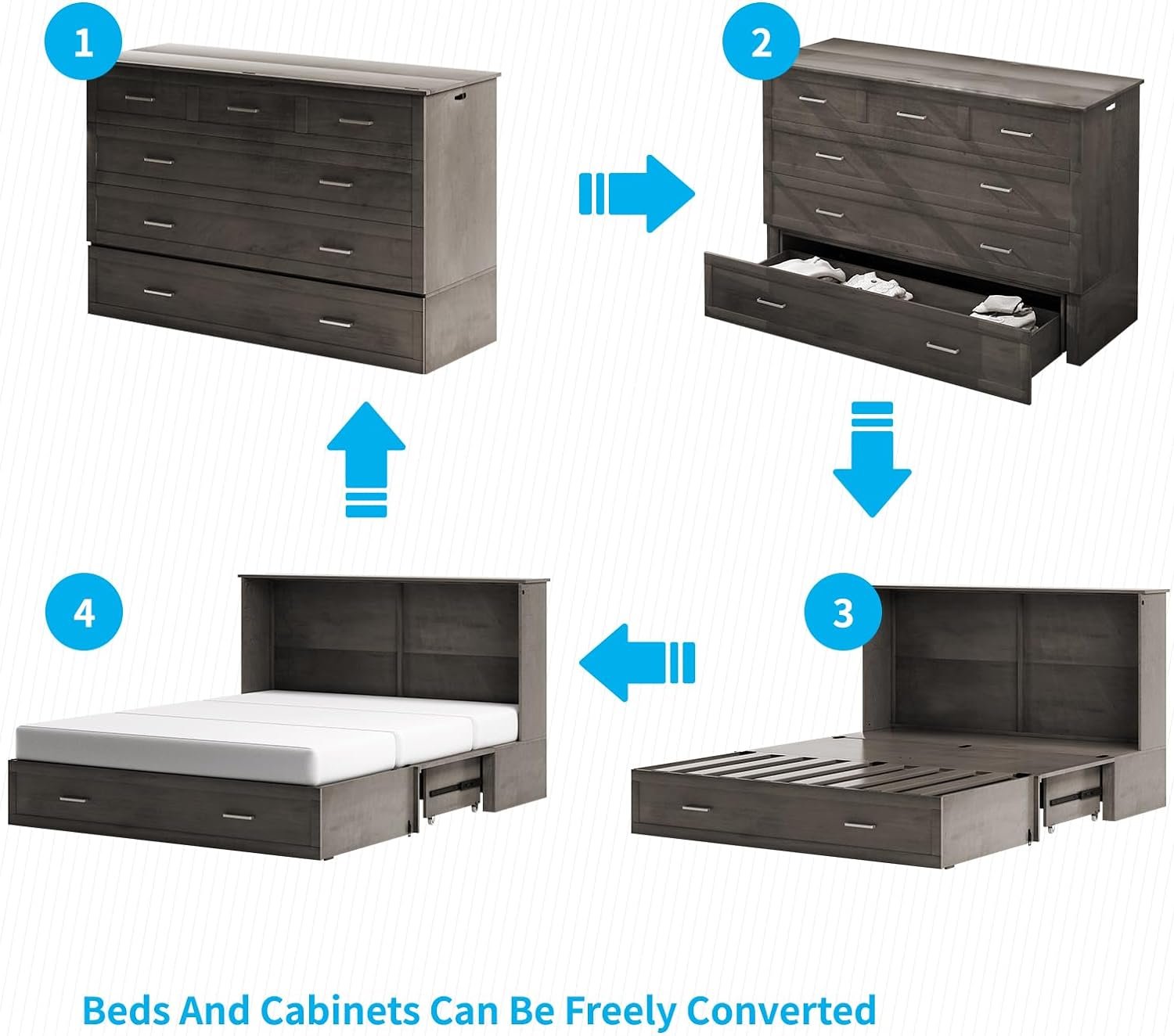 Murphy Cabinet Bed Queen with Mattress, Murphy Cube Chest Bed with USB Charging Station and Large Storage Drawer, Space-Saving Murphy Bed Cabinet for Guest Room, Home, Office, Gray
