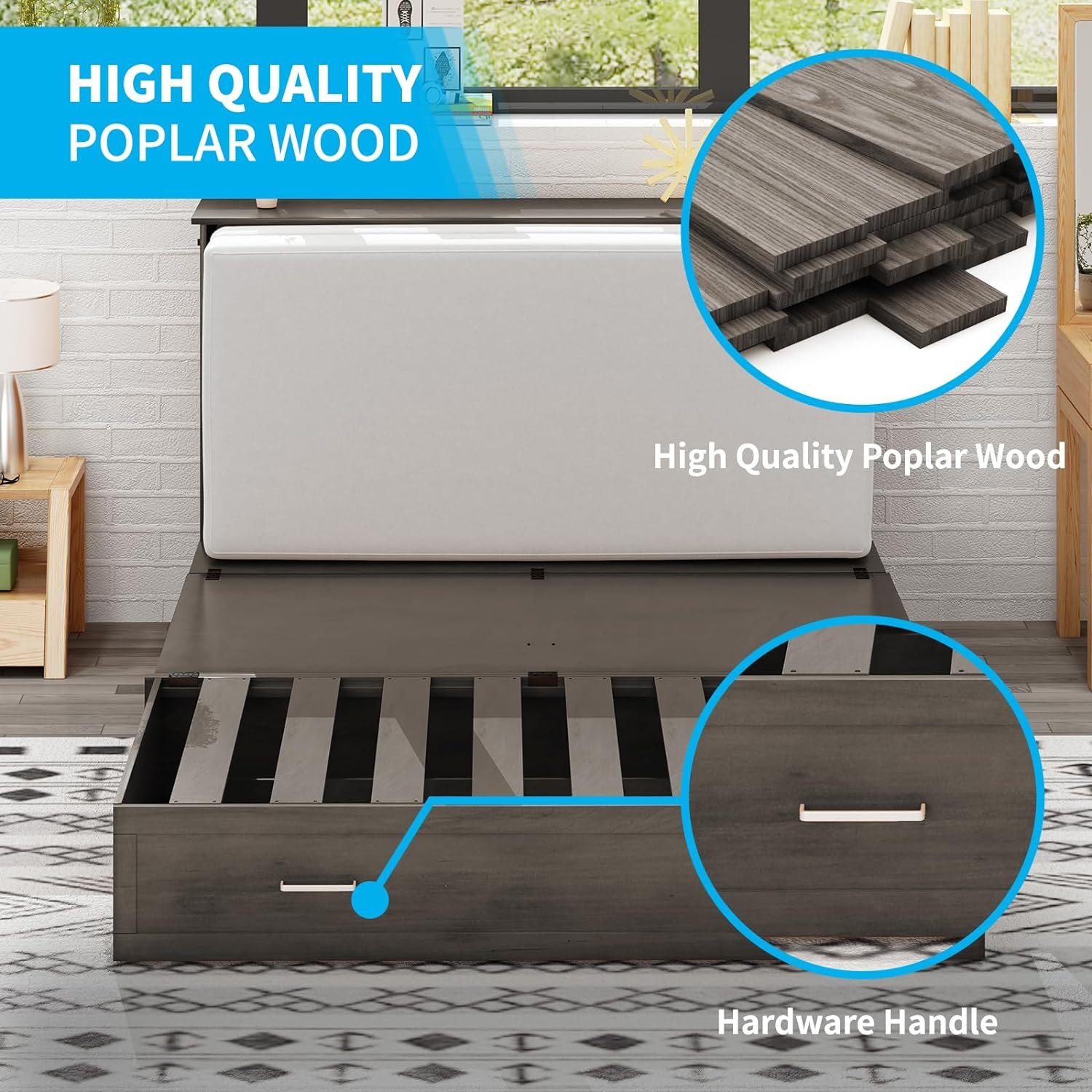 Murphy Cabinet Bed Queen with Mattress, Murphy Cube Chest Bed with USB Charging Station and Large Storage Drawer, Space-Saving Murphy Bed Cabinet for Guest Room, Home, Office, Gray