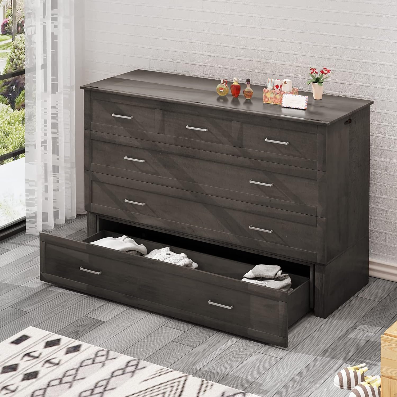 Murphy Cabinet Bed Queen with Mattress, Murphy Cube Chest Bed with USB Charging Station and Large Storage Drawer, Space-Saving Murphy Bed Cabinet for Guest Room, Home, Office, Gray