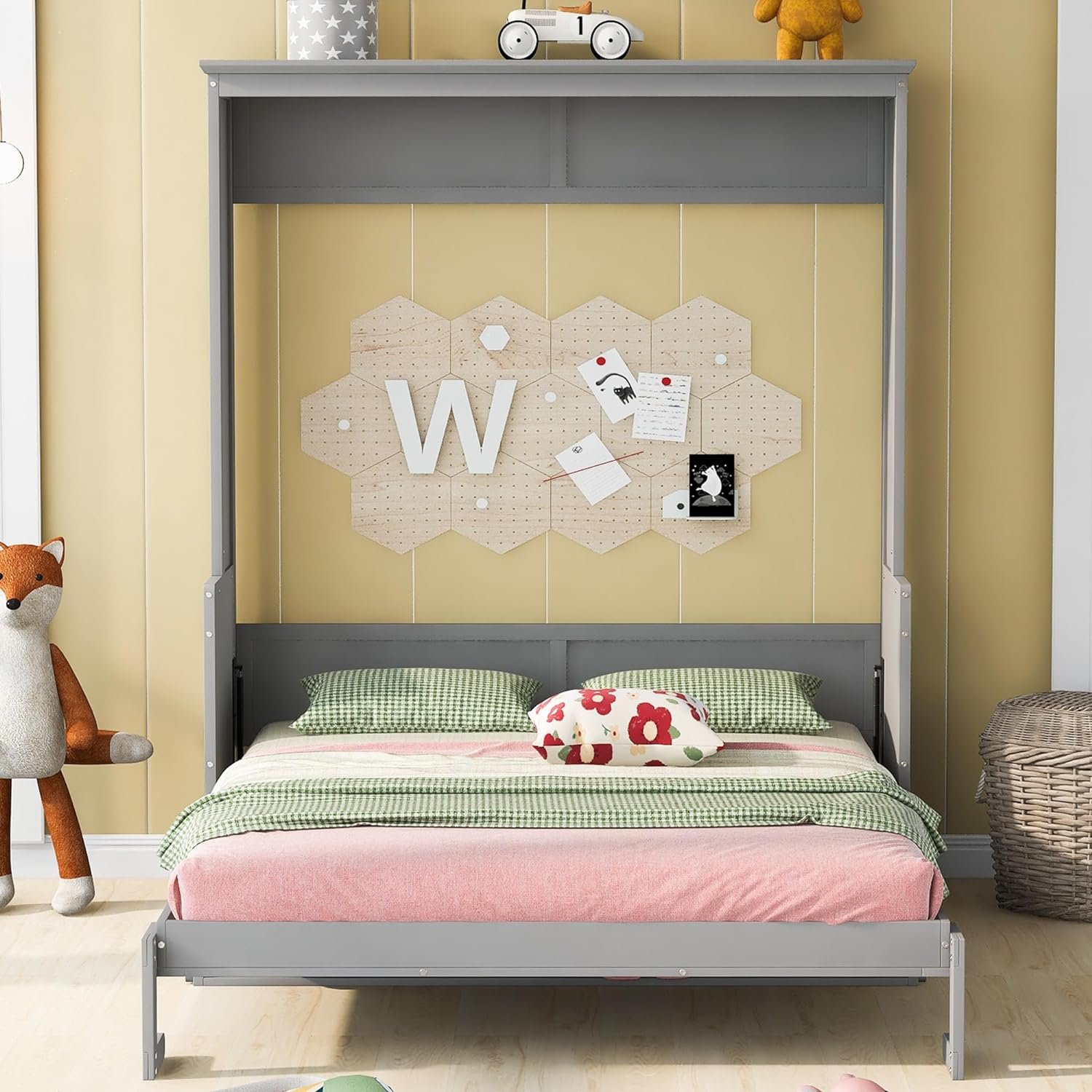 Queen Size Chest, Wood Murphy Frame, Versatile Cabinet Foldable Platform Bed, Gray w/Rotable Desk  Shelves