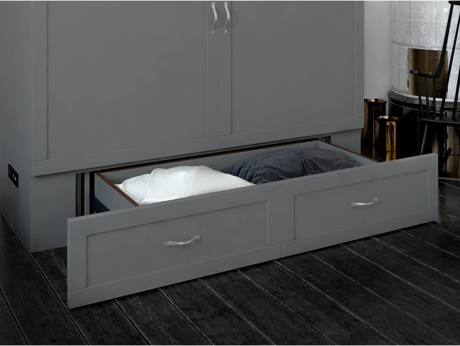 AFI, Hamilton Murphy Bed Chest with 6 inch Memory Foam Folding Mattress, Built-in Charging Station and Storage Drawer, Full, Grey