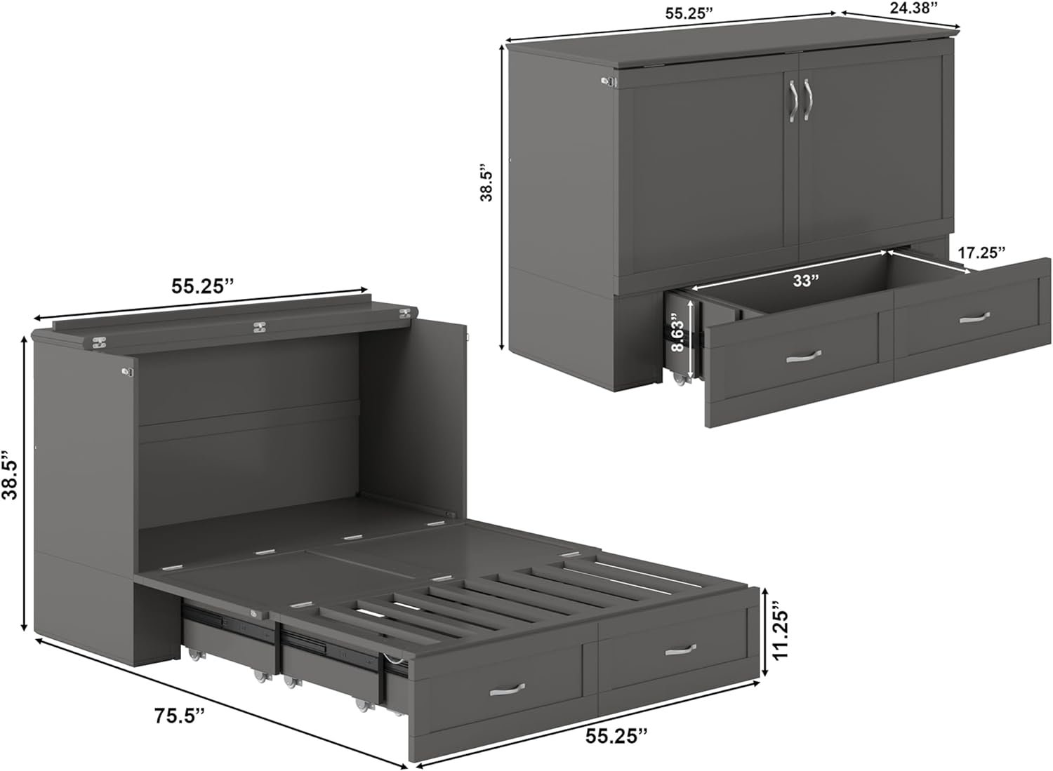 AFI, Hamilton Murphy Bed Chest with 6 inch Memory Foam Folding Mattress, Built-in Charging Station and Storage Drawer, Full, Grey