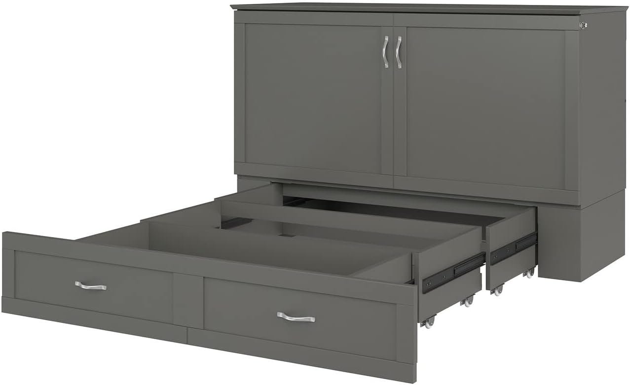 AFI, Hamilton Murphy Bed Chest with 6 inch Memory Foam Folding Mattress, Built-in Charging Station and Storage Drawer, Full, Grey