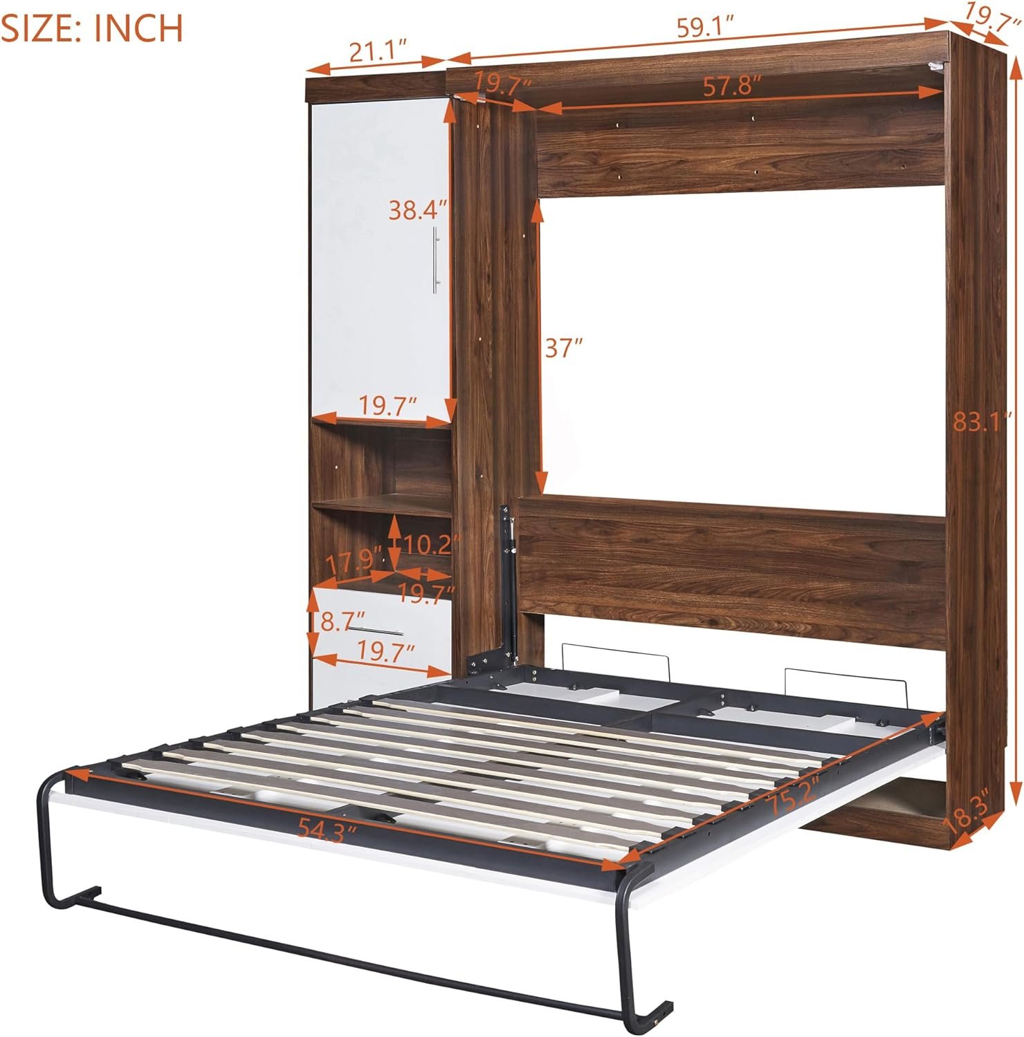 Full Size Murphy Chest w/2 Storage Drawers and Cabinet, Modern Foldable Wall-Bed, Solid Wood Platform Bedframe for Multipurpose Guest Room or Home Office, No Spring Box Needed, White
