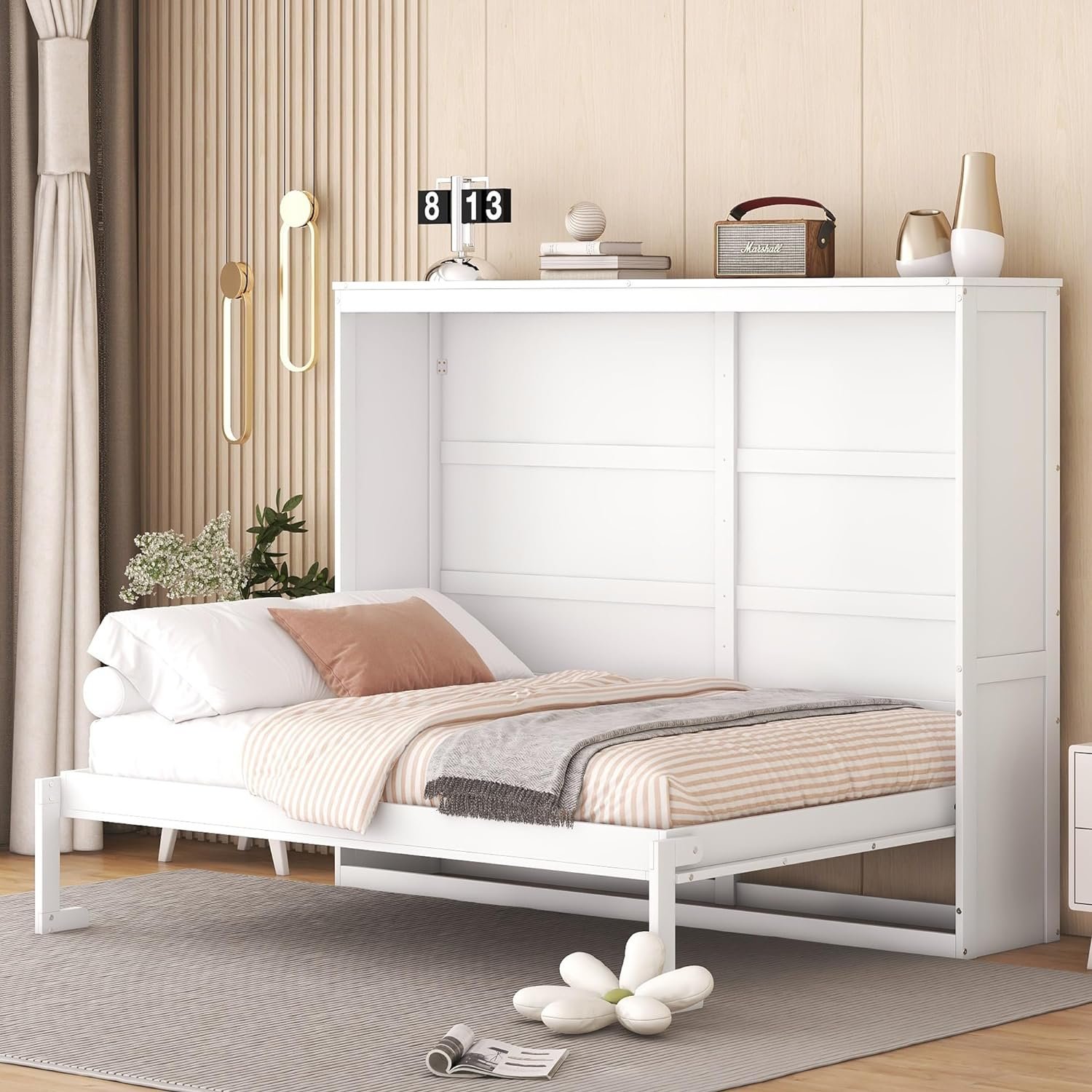 Merax Murphy Bed, Full Size Wooden Wall Bed for Bedroom, Wood Slat Support, No Box Spring Needed, Easy Assembly, White