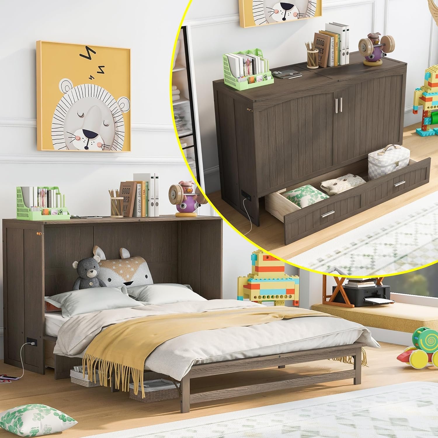 Queen Size Murphy Bed with Built-in Charging Station, Multifunctional Bed Frame with Large Drawer, Fold Out Couch Bed, Antique Grey
