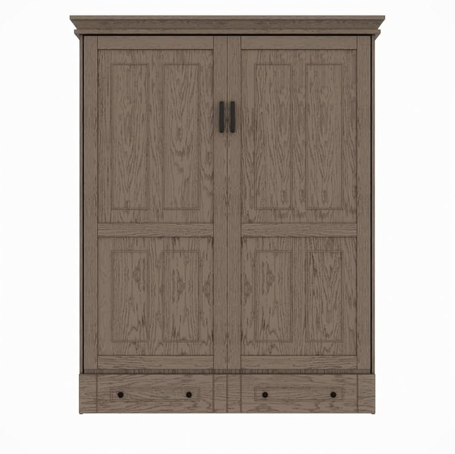 RoomAndLoft Windsor Queen Solid Wood Murphy Wall Bed and Shelf Storage with Side Desktop and Drawers in Brown