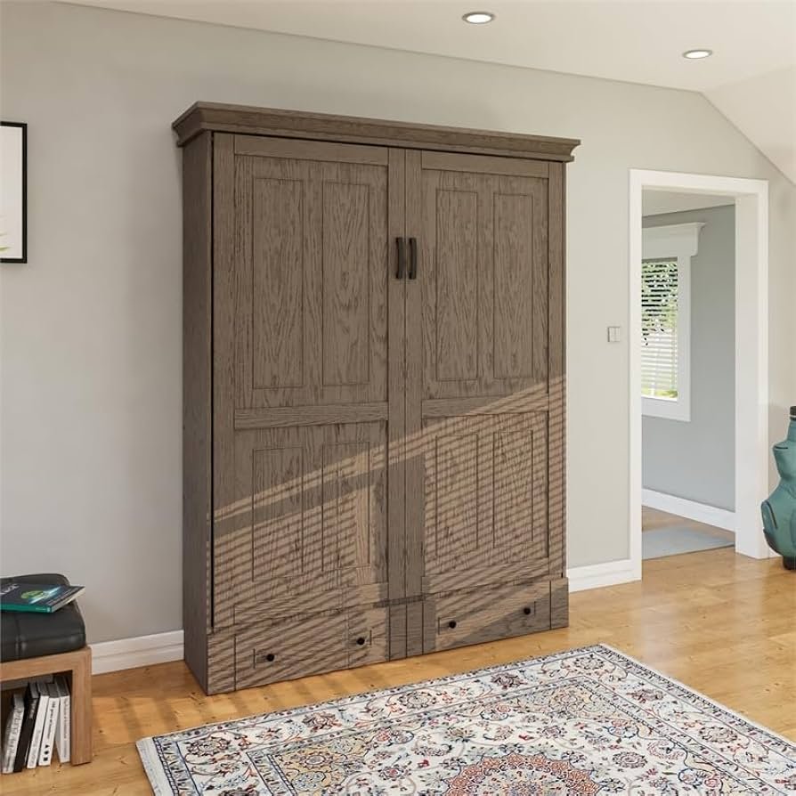RoomAndLoft Windsor Queen Solid Wood Murphy Wall Bed and Shelf Storage with Side Desktop and Drawers in Brown