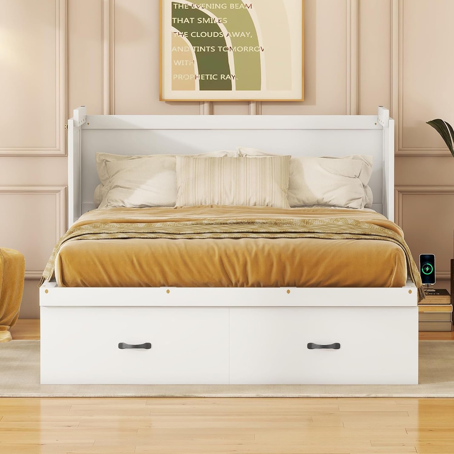 Full Size Murphy Bed and Storage Drawers and USB Port, Space-Saving Wall Bed with Storage,Murphy Bed for Living Room