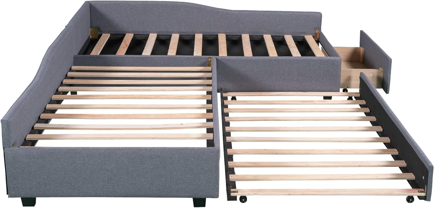 L-Shaped Double Upholstered Twin Size Daybed with Trundle and Storage Drawer, Linen Upholstery Platform Bedframe 3 in 1 Wood Beds Frame for Boys and Girls,No Box Spring Required, Gray
