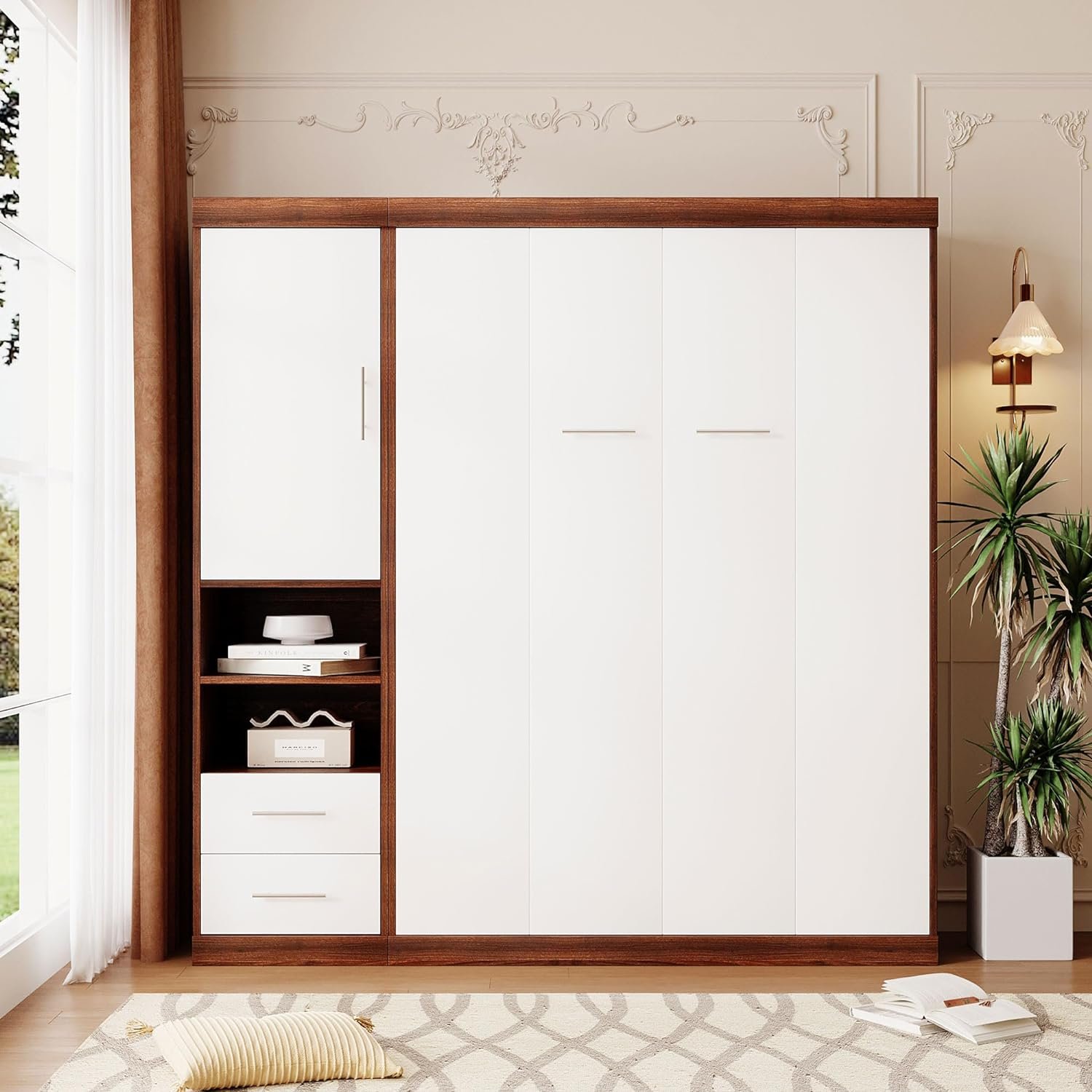 LZ LEISURE ZONE Full Size Murphy Bed, Wood Wall Bed Full Murphy Cabinet Bed with Drawers and Shelves, White+Wood