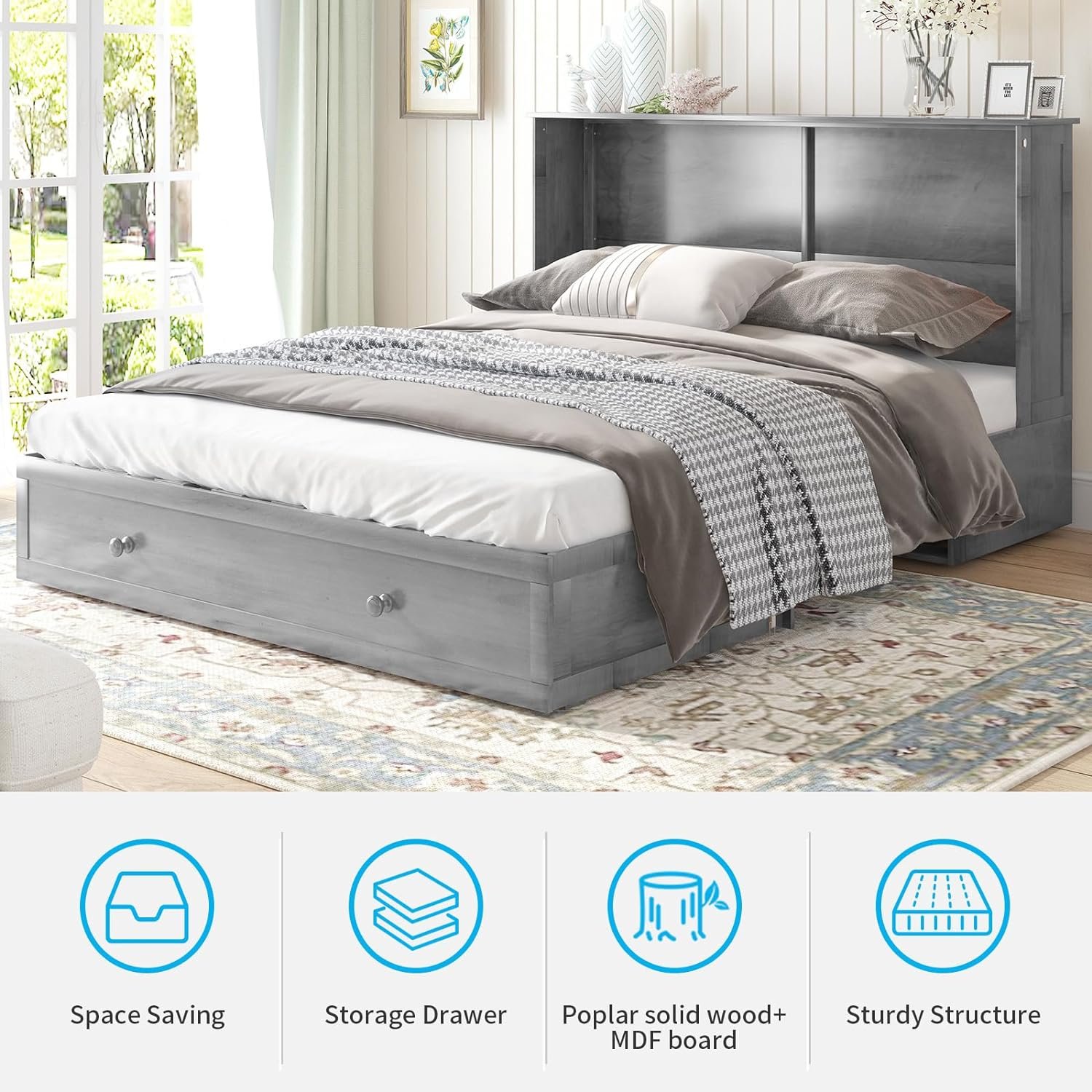 Mjkone Queen Size Murphy Bed with Tri-Folding Mattress, Charging Station, Modern Cabinet Bed with Drawers, Multifunctional Design Wall Murphy Bed for Living Room, Apartment (Grey Pattern H)