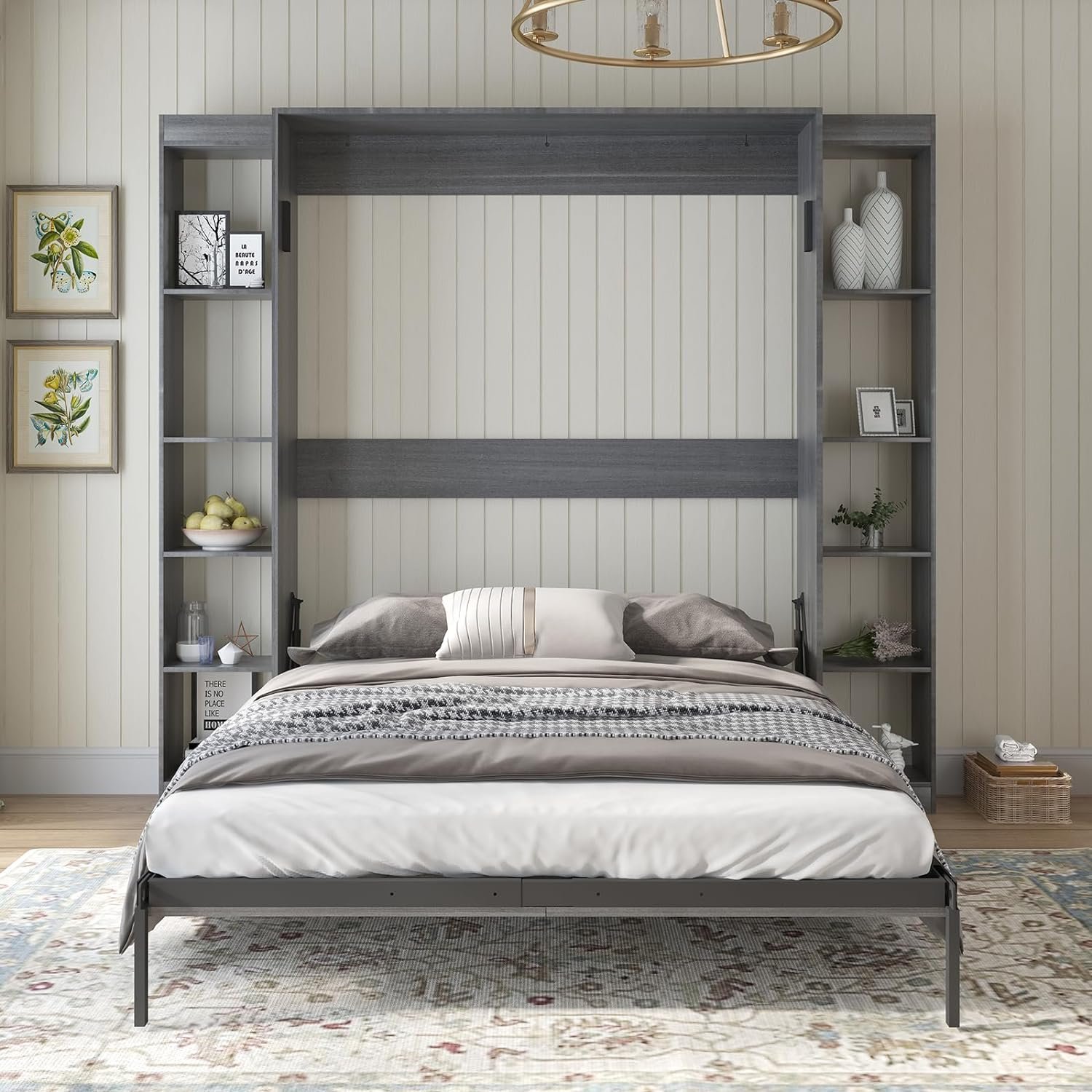 Queen Size Murphy Bed with 2 Side Cabinet, Space-Saving Wall Bed for Multipurpose Room, Solid Wood Storage Bed can be Folded into a Cabinet, Versatile Cabinet Bed Folding Hideaway Bed