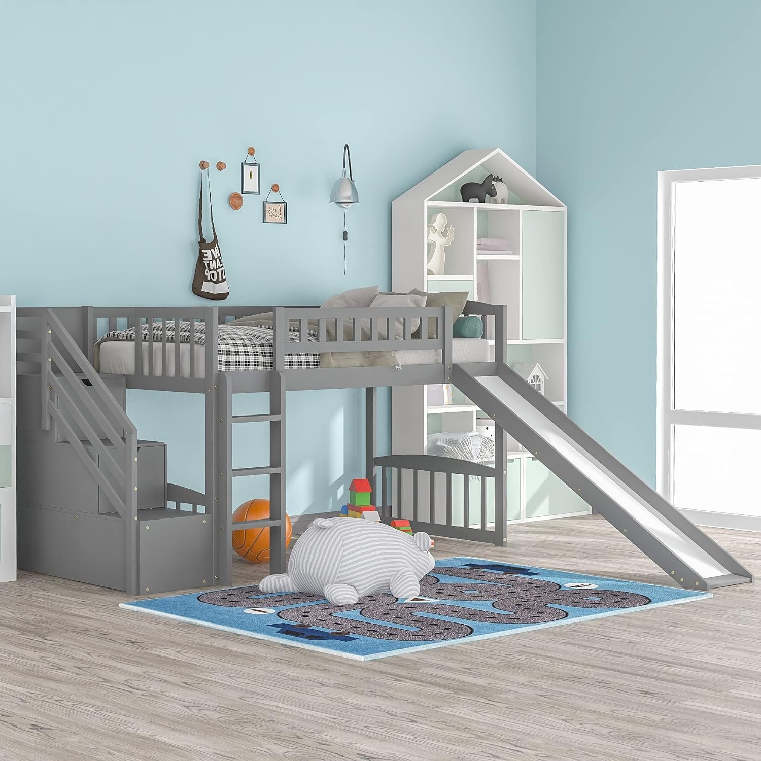 Queen Size Murphy Bed with Removable Desk Desk and Shelves, Wood Multifunctional Bedframe with Cabinet for for Small Spaces,Floor Design,Gray