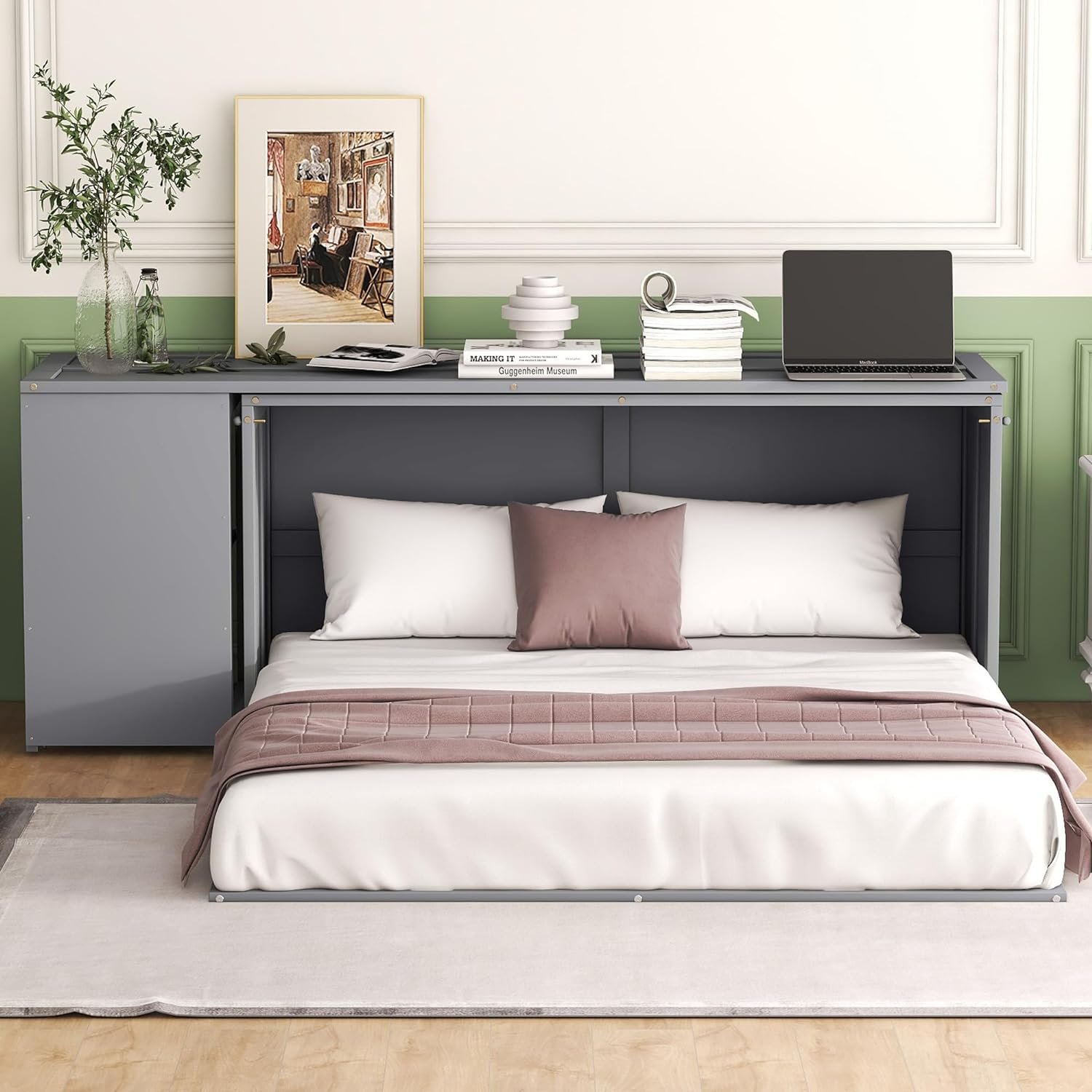 Queen Size Murphy Bed with Removable Desk Desk and Shelves, Wood Multifunctional Bedframe with Cabinet for for Small Spaces,Floor Design,Gray