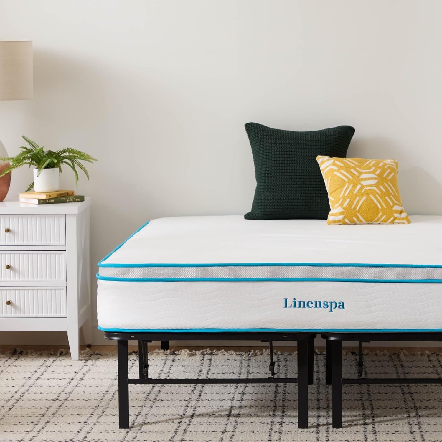 Linenspa 10” Memory Foam and Innerspring Hybrid Mattress + 14” Black Metal Platform Bedframe – Queen Mattress + Metal Folding Queen Bedframe