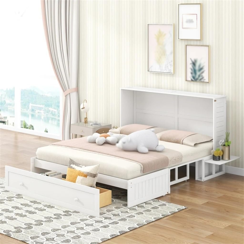 Queen Size Mobile Murphy Bed, with Drawer  Little Shelves On Each Side,Function Queen Bed As A Bookcase Or Cabinet