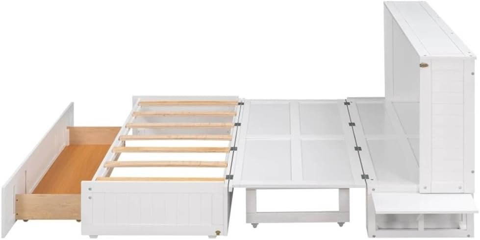 Queen Size Mobile Murphy Bed, with Drawer  Little Shelves On Each Side,Function Queen Bed As A Bookcase Or Cabinet