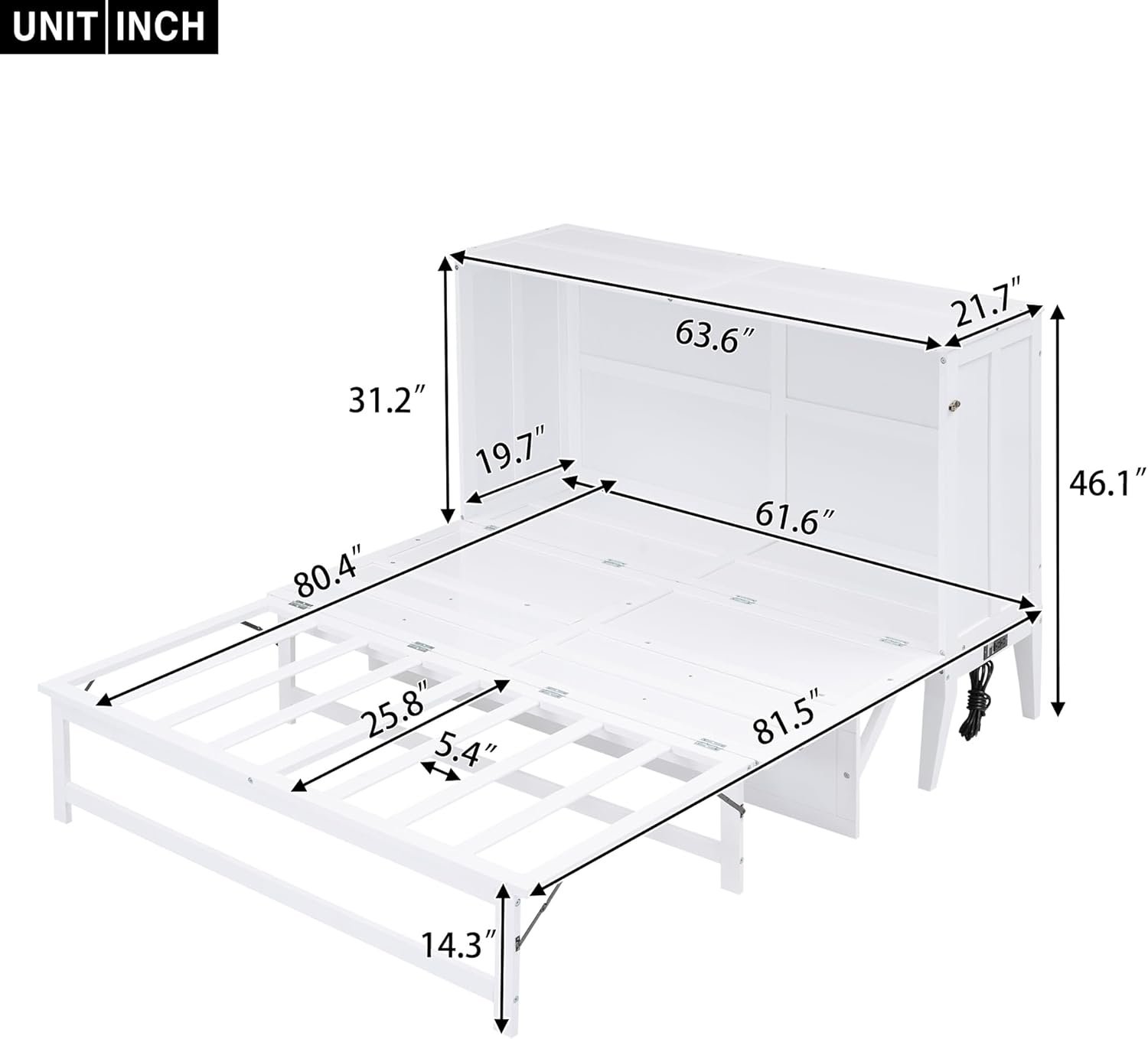 Queen Size Murphy Bed with a Shelf, Versatile Foldable Murphy Bed with Built-in Charging Station, Wooden Multipurpose Cabinet Bedframe, Space-Saving, Easy Assembly, White