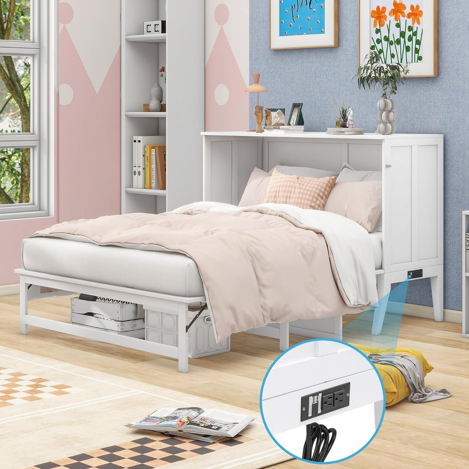 Queen Size Murphy Bed with a Shelf, Versatile Foldable Murphy Bed with Built-in Charging Station, Wooden Multipurpose Cabinet Bedframe, Space-Saving, Easy Assembly, White